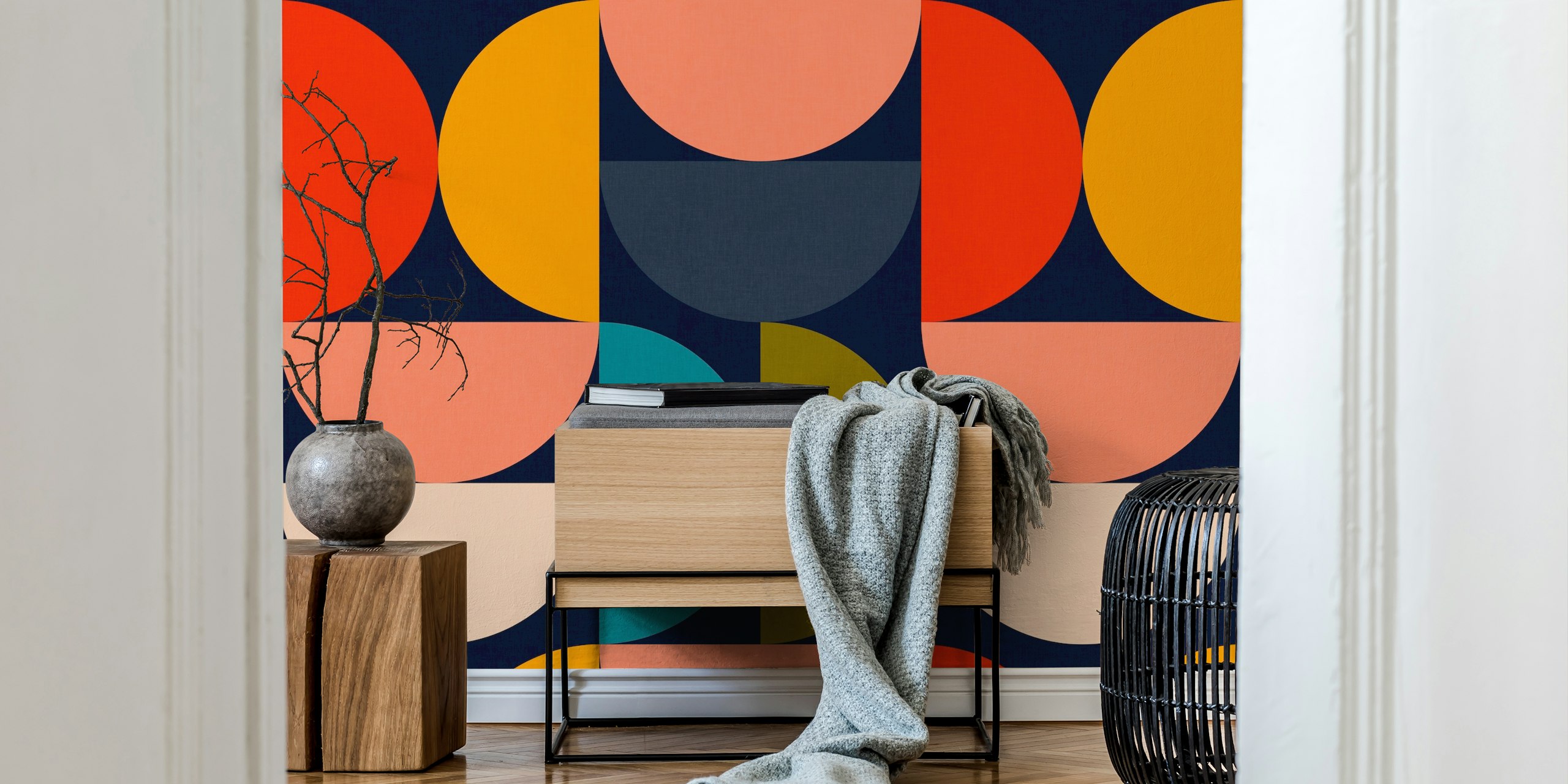 Bauhaus geometric mid century wallpaper in a room