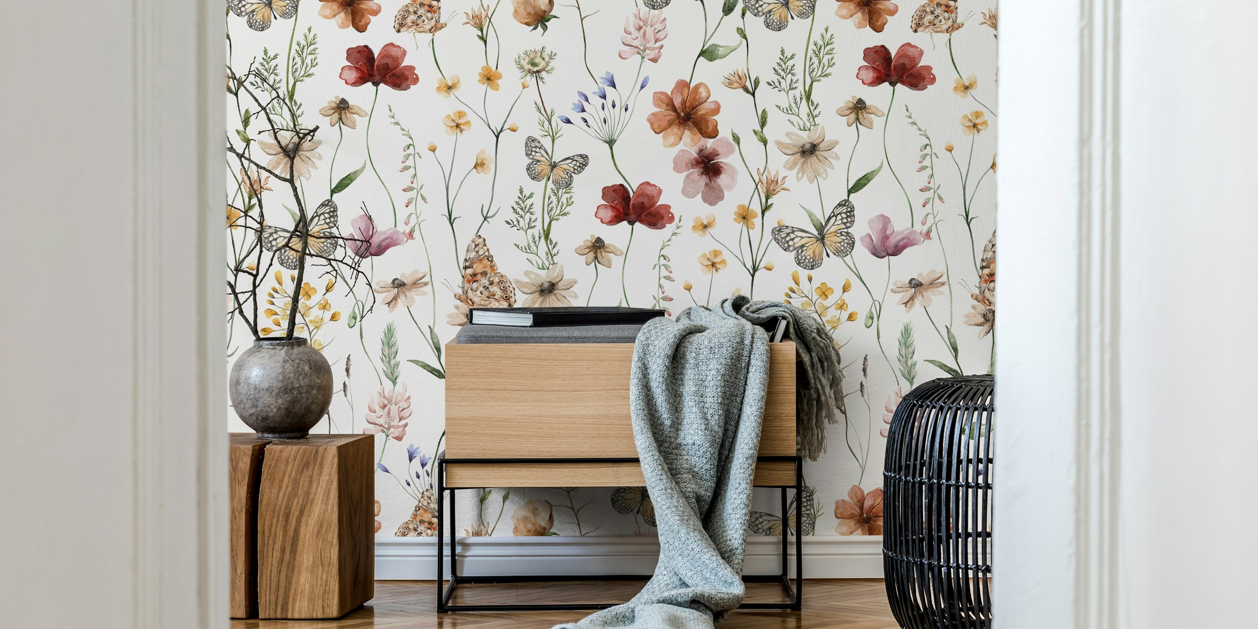 Floral wildflowers in pastel colors with butterflies wallpaper