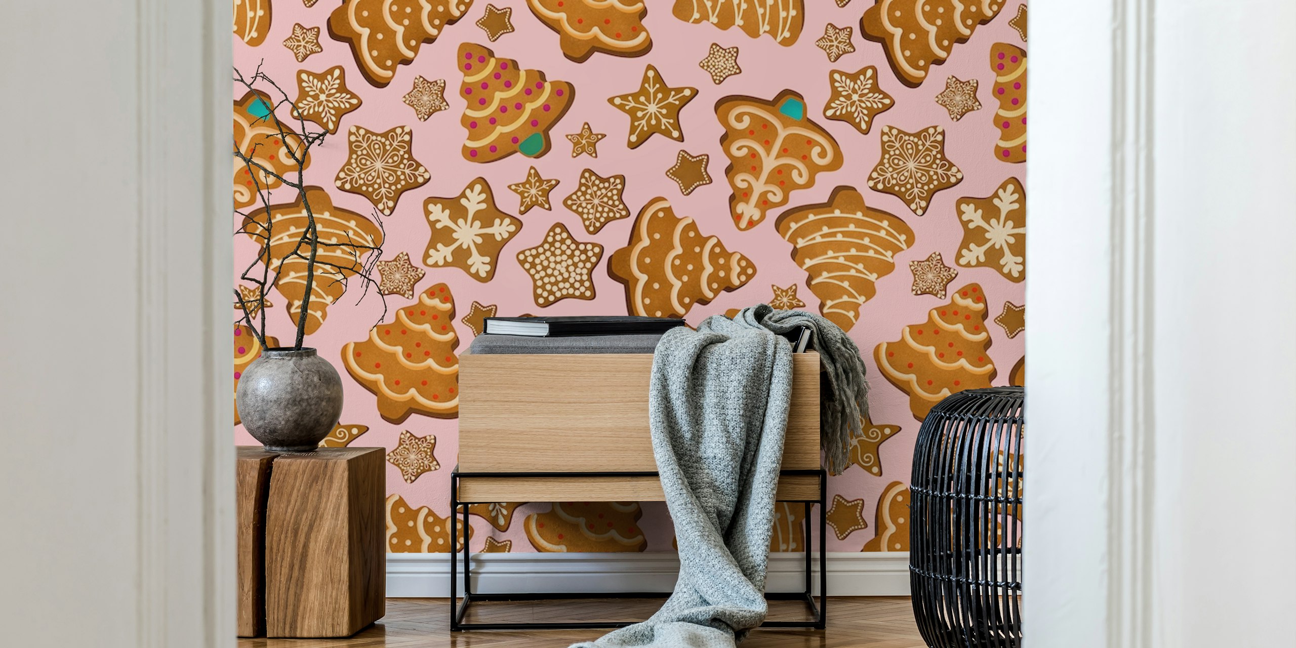 Gingerbread cookies and trees on pink background wallpaper