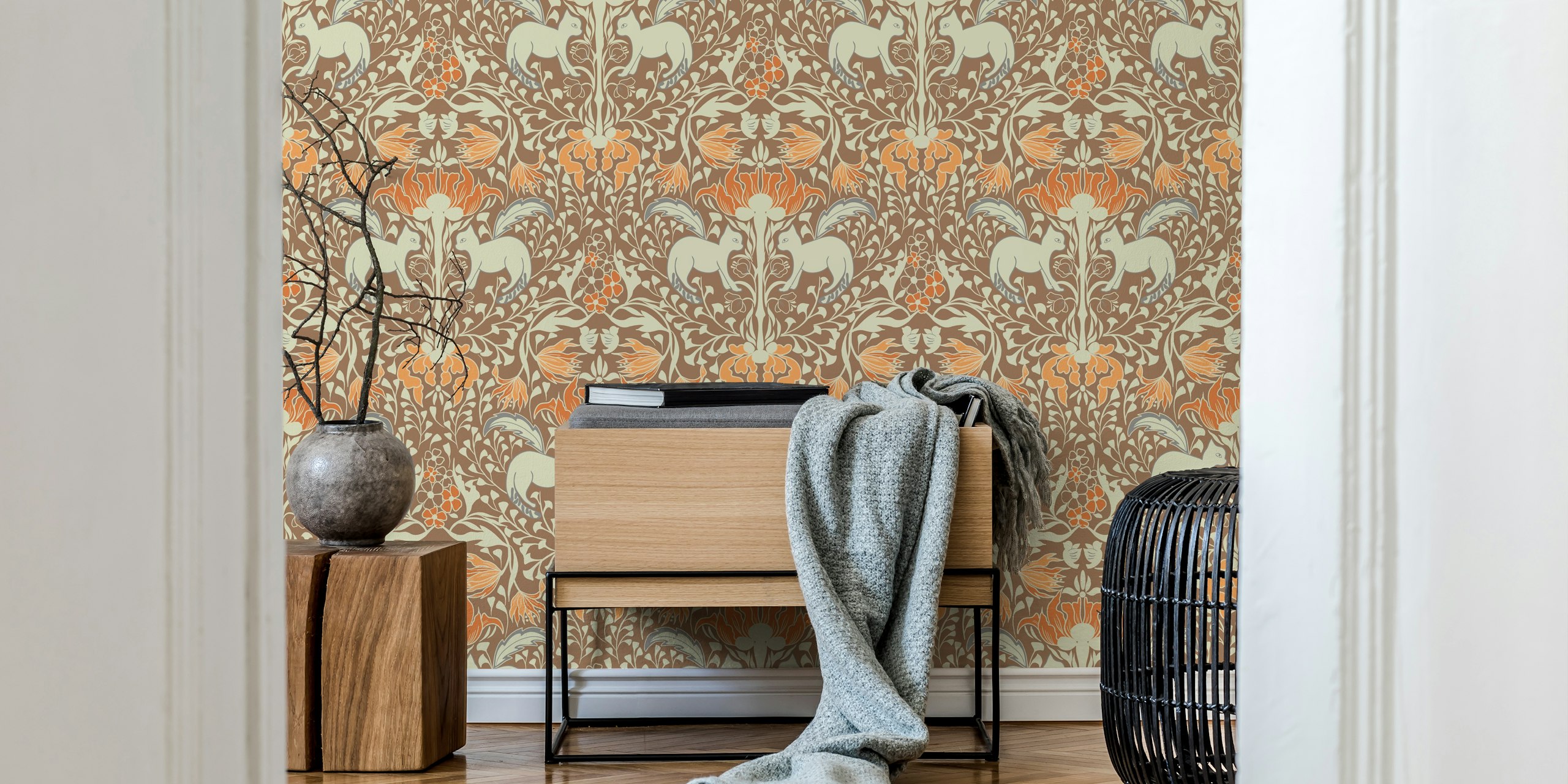 Floral pattern featuring hunting cats, orange and teal details, nature-inspired wallpaper