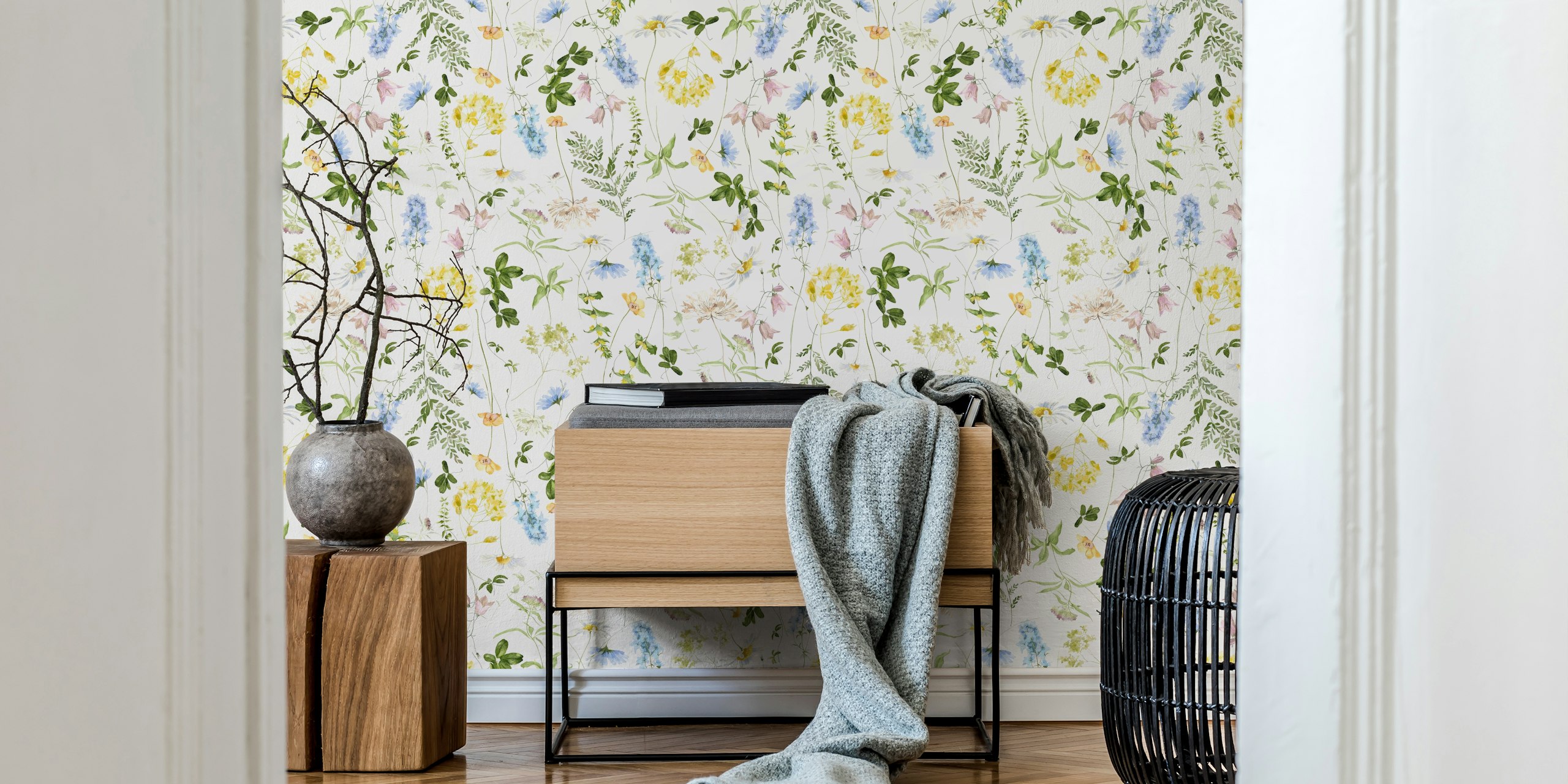 Pastel watercolor wildflower wallpaper in a room