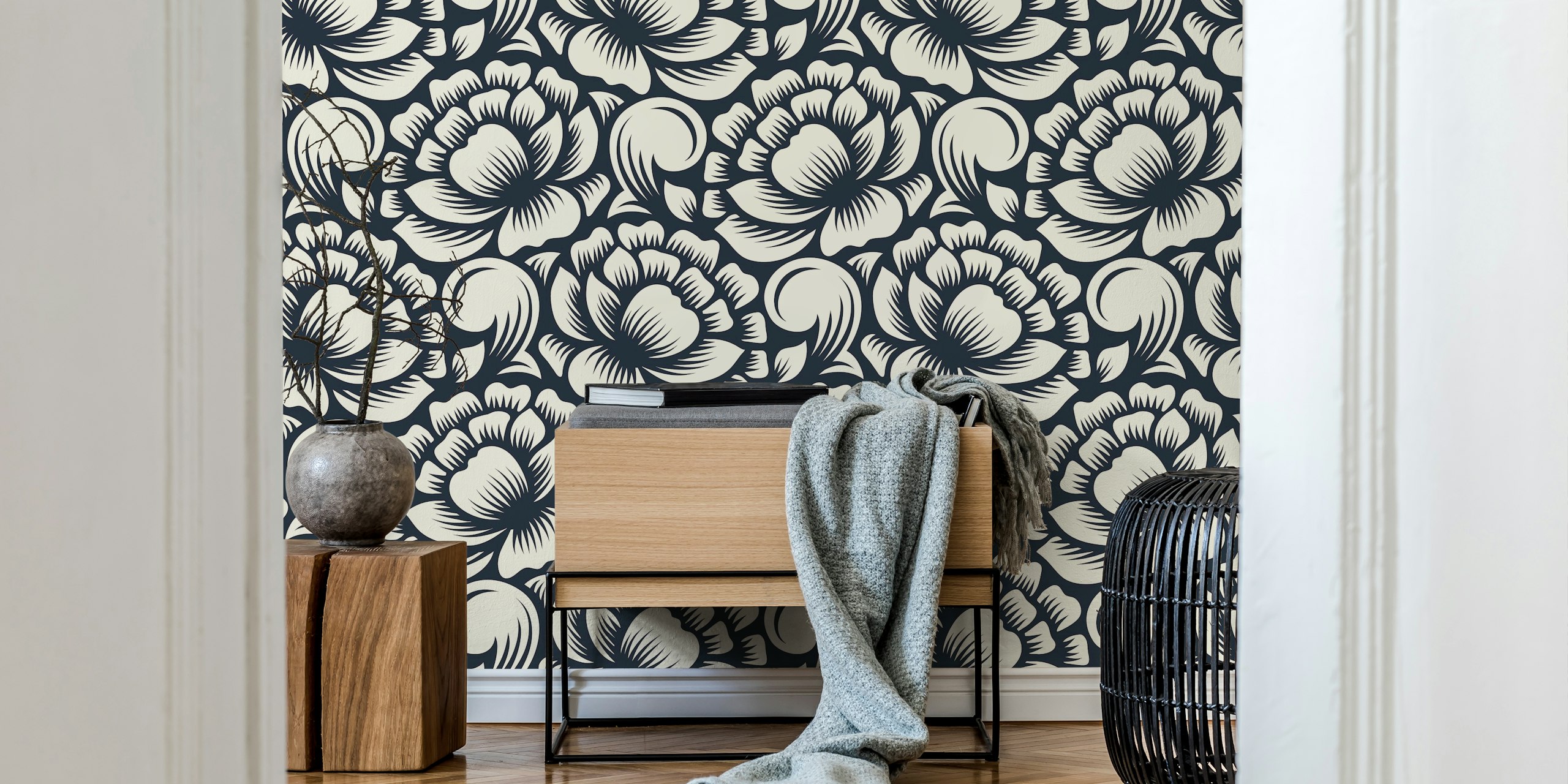White peonies silhouettes wallpaper design