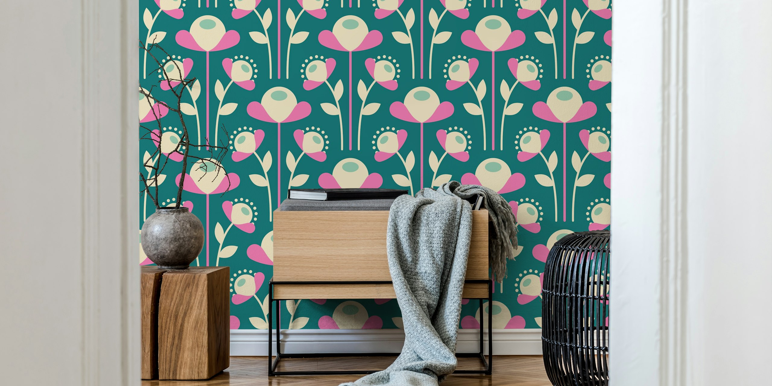 Vintage floral wallpaper featuring pink flowers on a green background