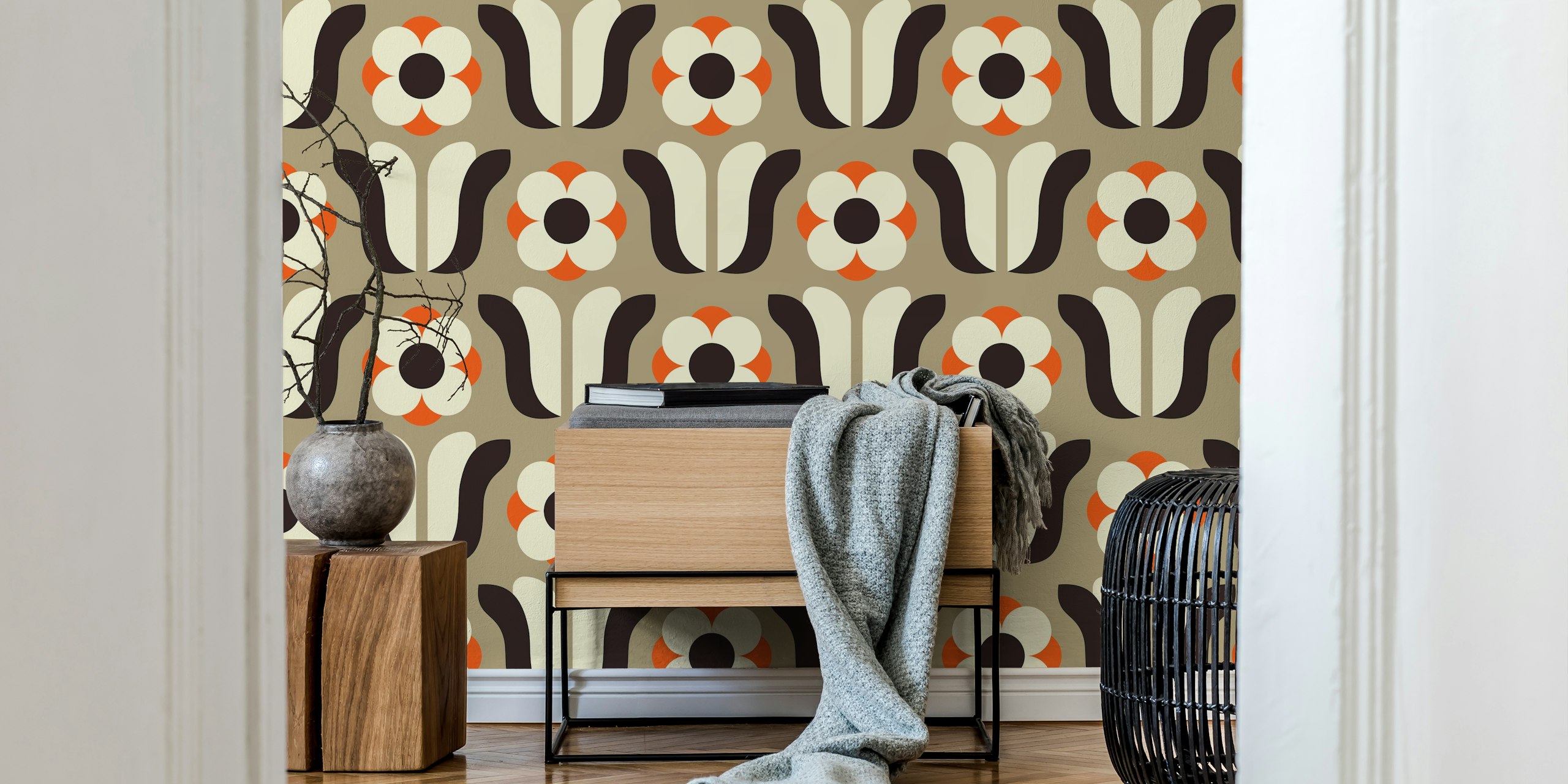 Retro floral design with brown, orange, and cream colors wallpaper