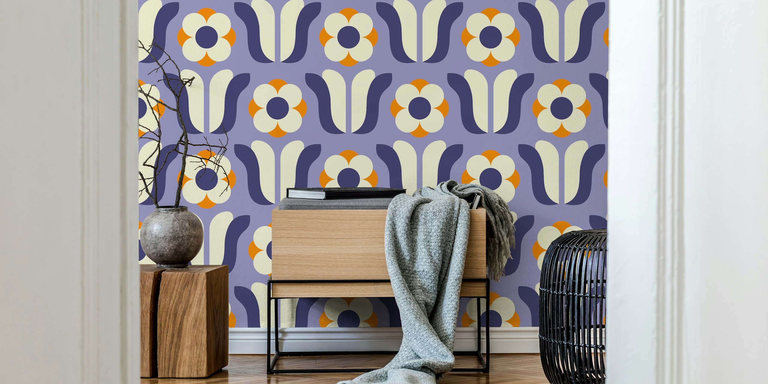 Retro floral design with purple and orange flowers wallpaper