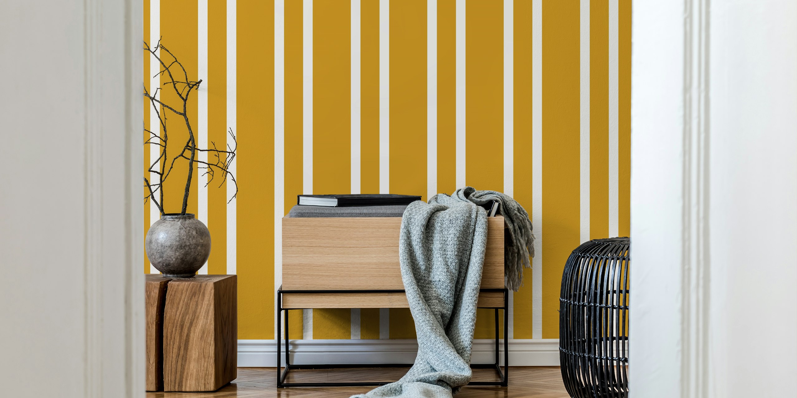 Gold and white striped wallpaper, modern design