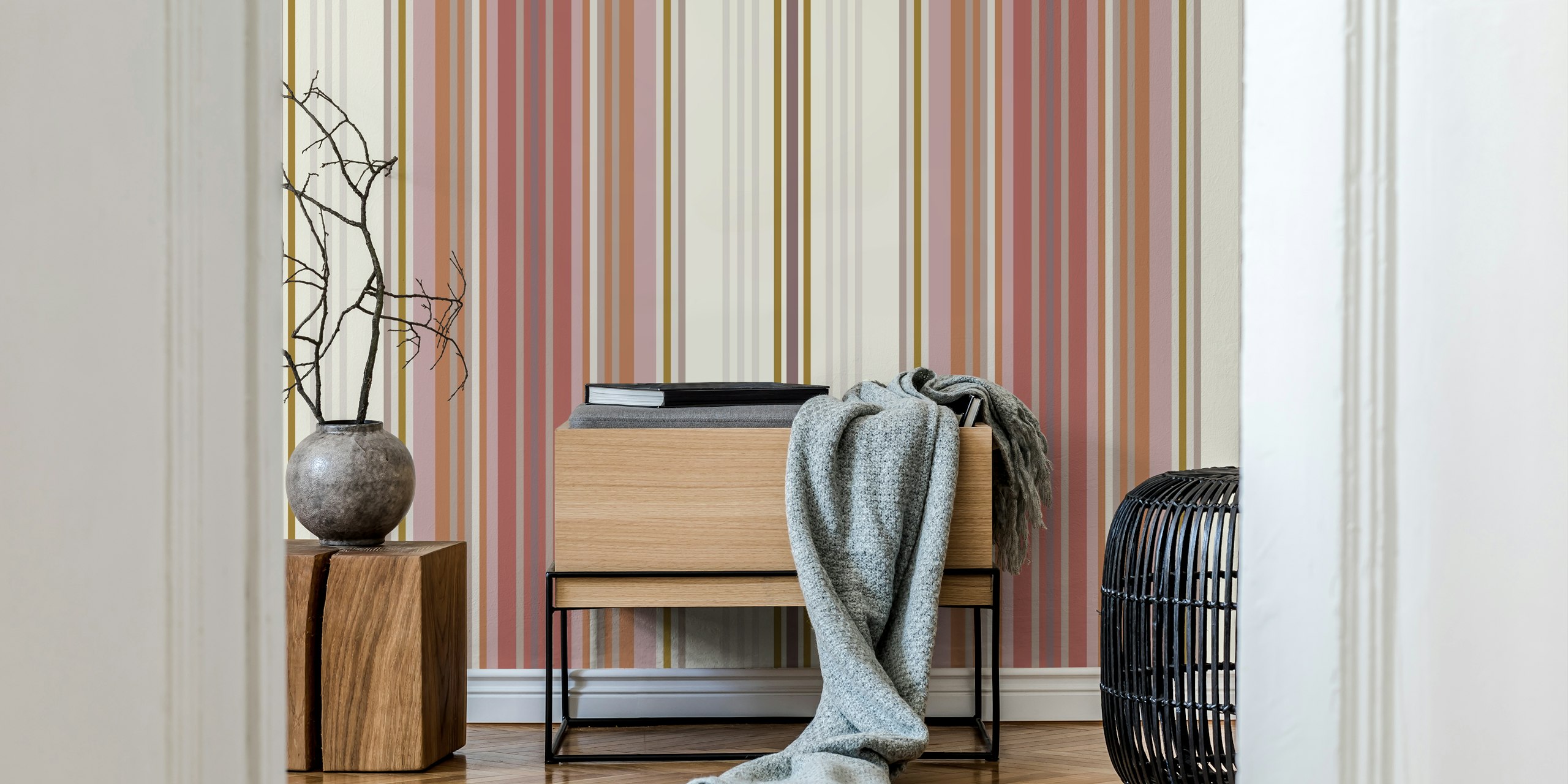 Burgundy striped wallpaper with pink, brown, and cream colors