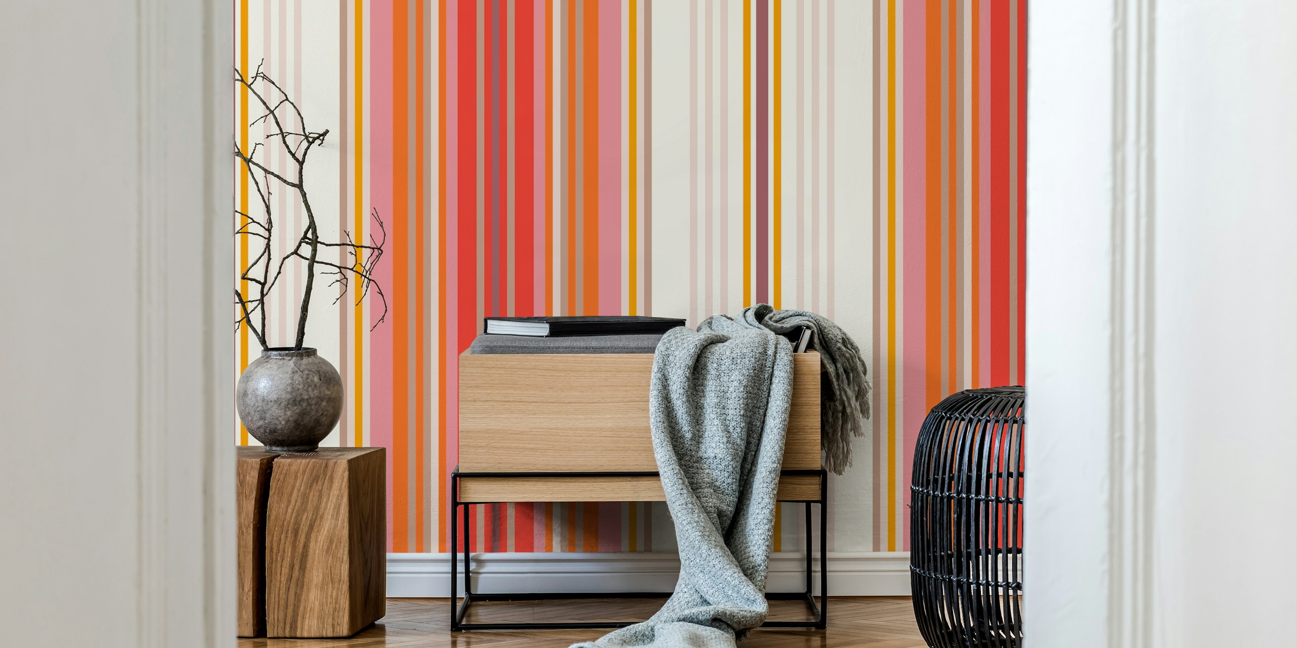 Red 70s striped wallpaper in a room