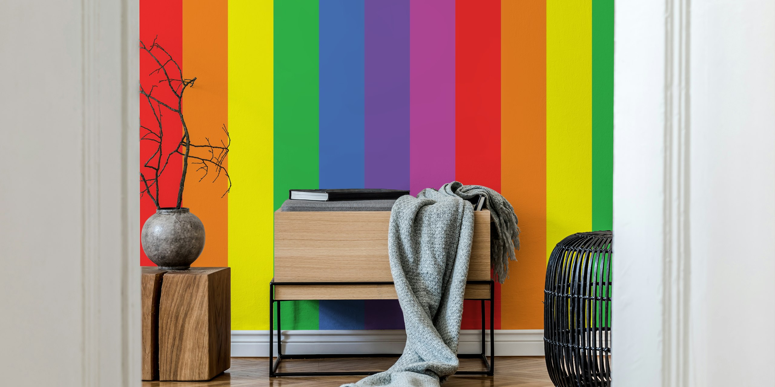 Rainbow stripes wallpaper displayed in a room