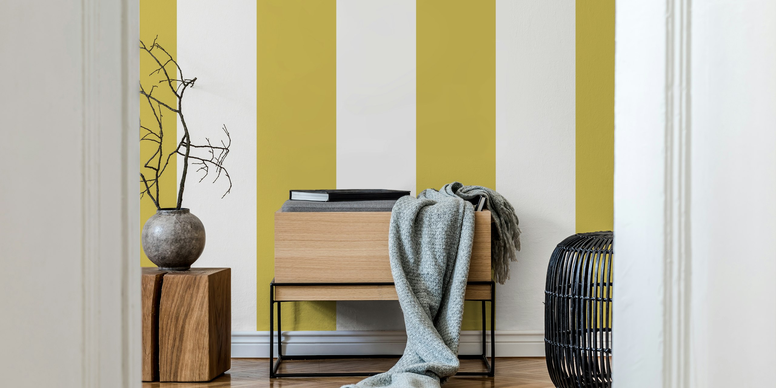 Gold stripes wallpaper displayed in a stylish room