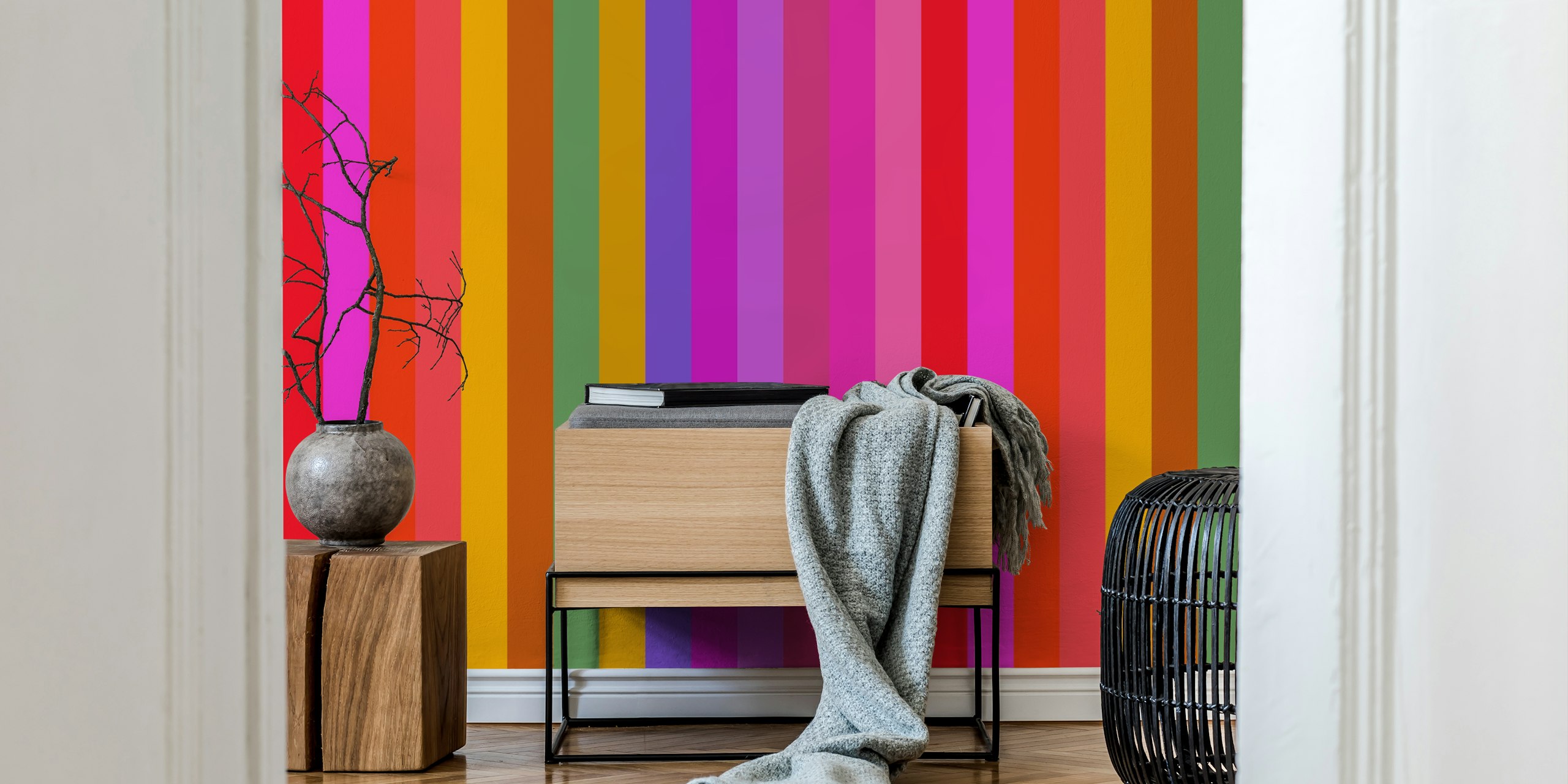 Multicolored vertical stripes in red, orange, yellow, green, and more wallpaper
