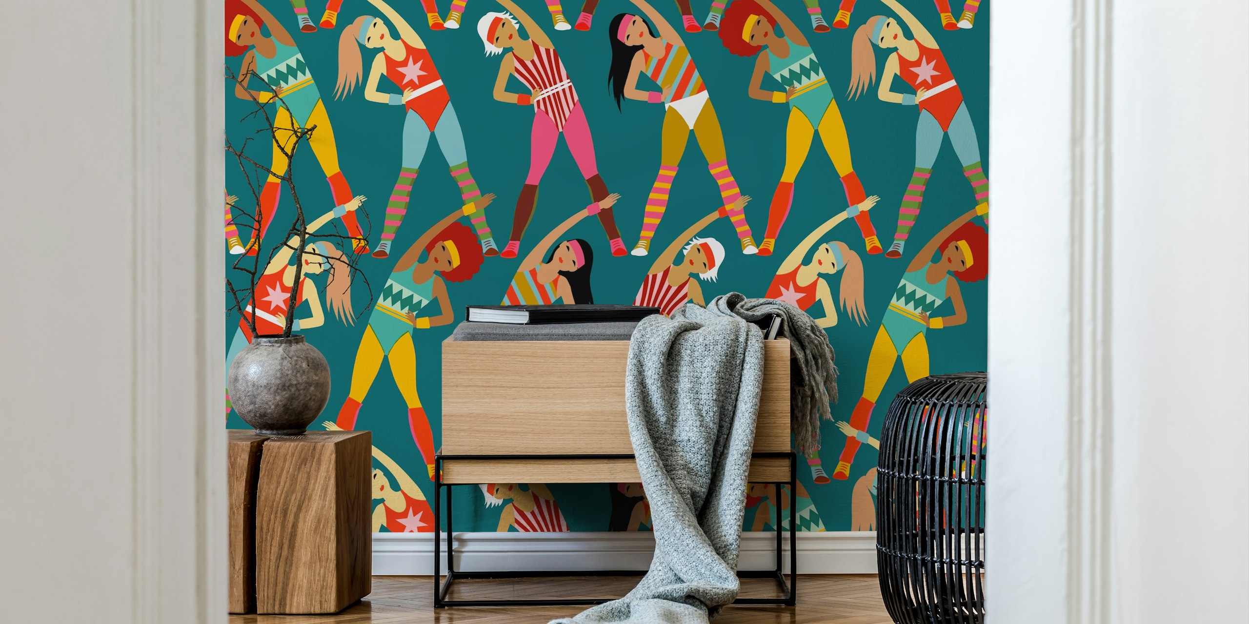 Colorful retro aerobic workout wallpaper with women exercising in vibrant outfits