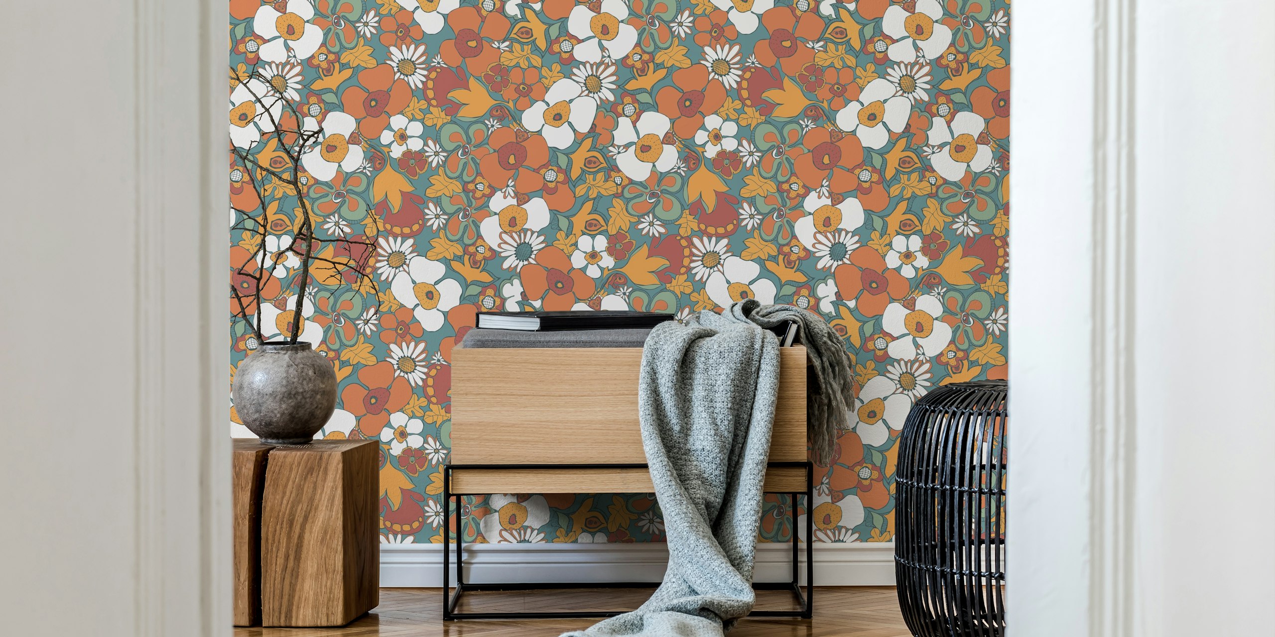 Floral Doodles Pattern in Teal Rust tapetti huoneessa