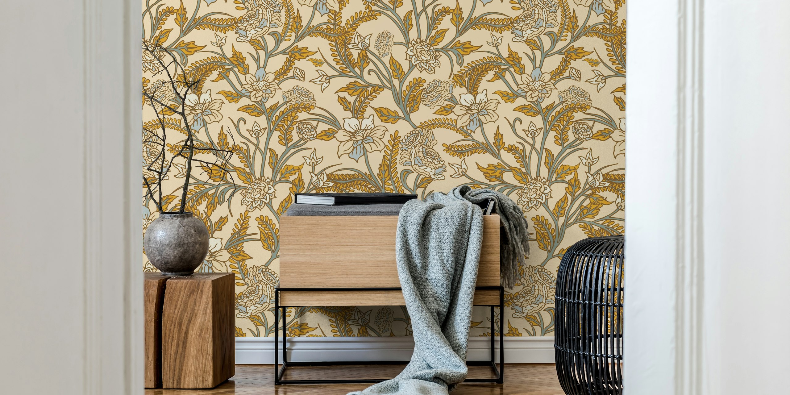 Beautiful blue and mustard retro roses wallpaper