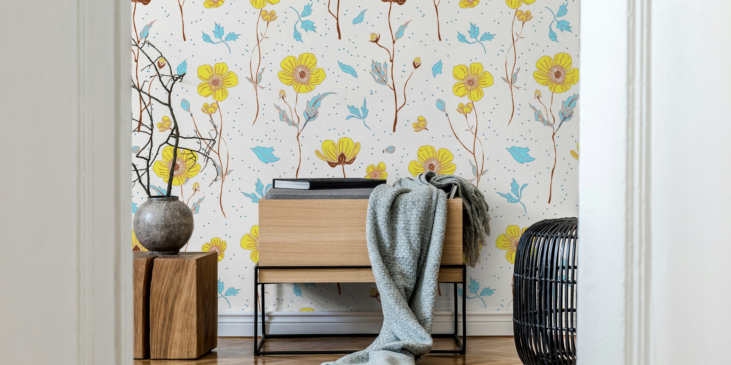 Yellow flowers and blue leaves on a light background wallpaper