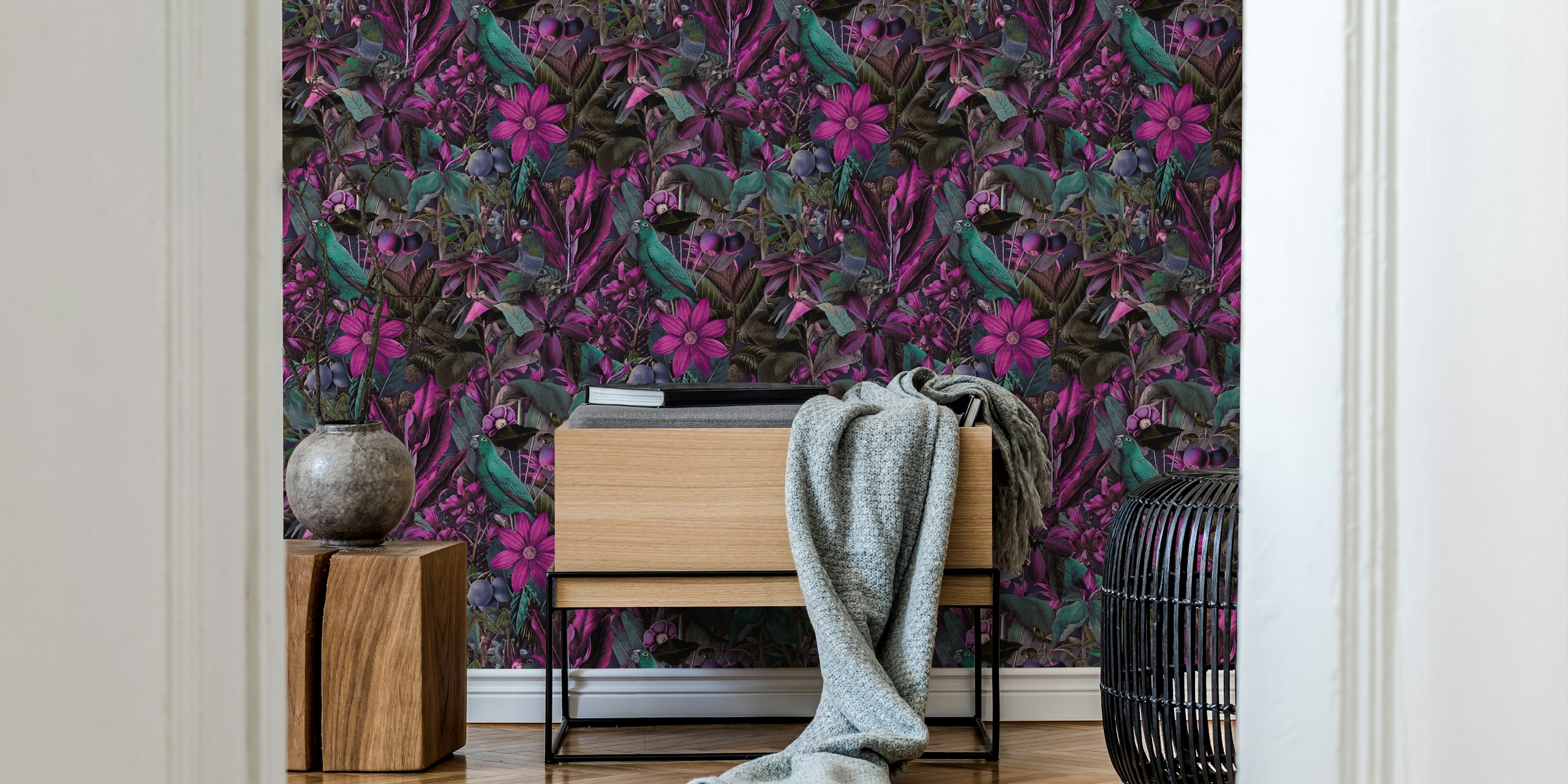 Tropical wallpaper featuring birds and flowers