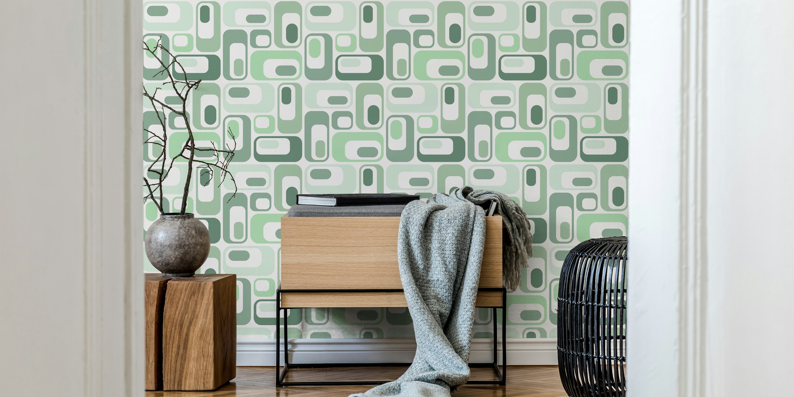 Retro Mod Ovals Mint Shades wallpaper in a room