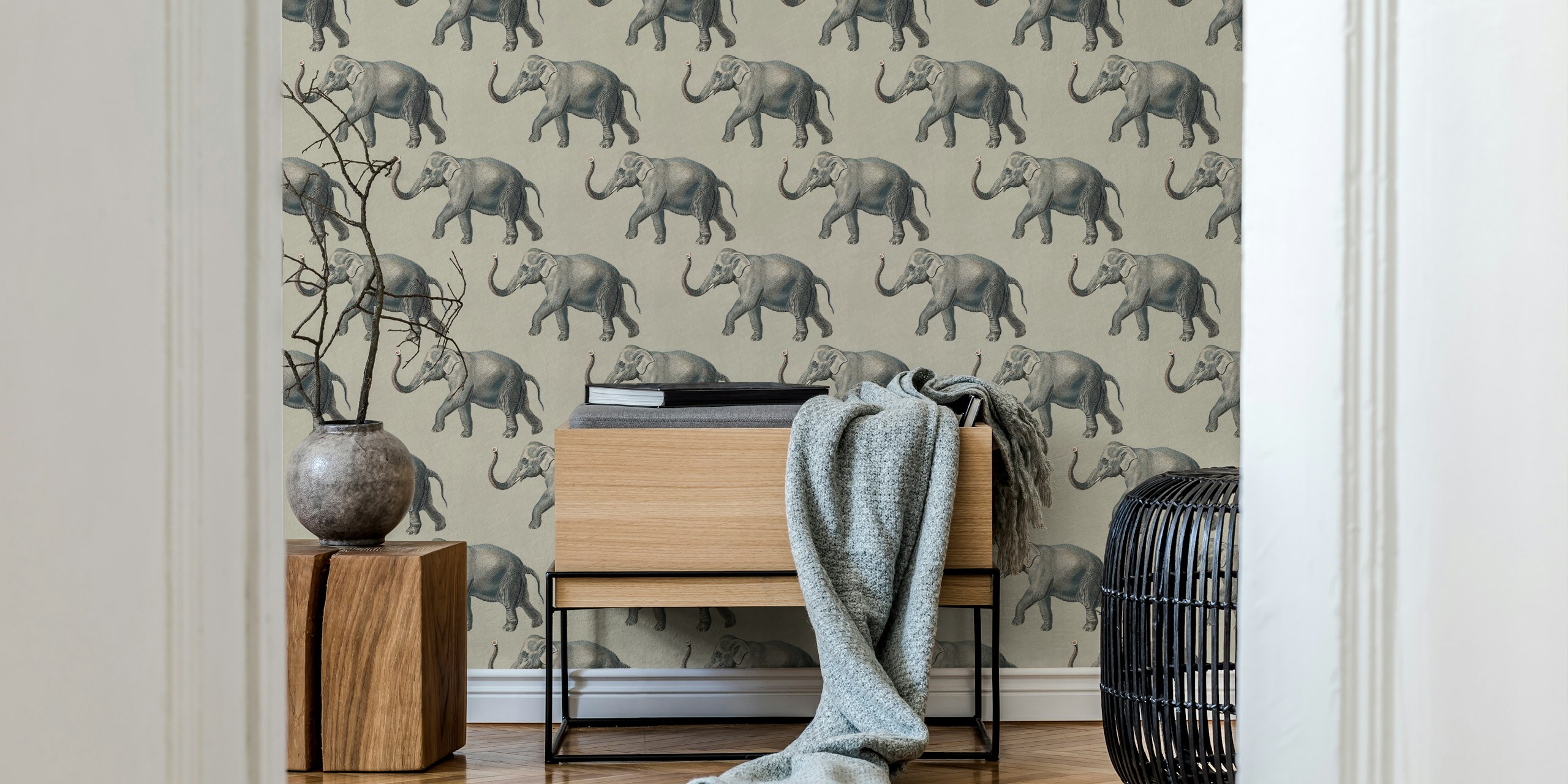 Vintage Elephant Pattern Wall Mural depicting elephants on a beige linen texture background