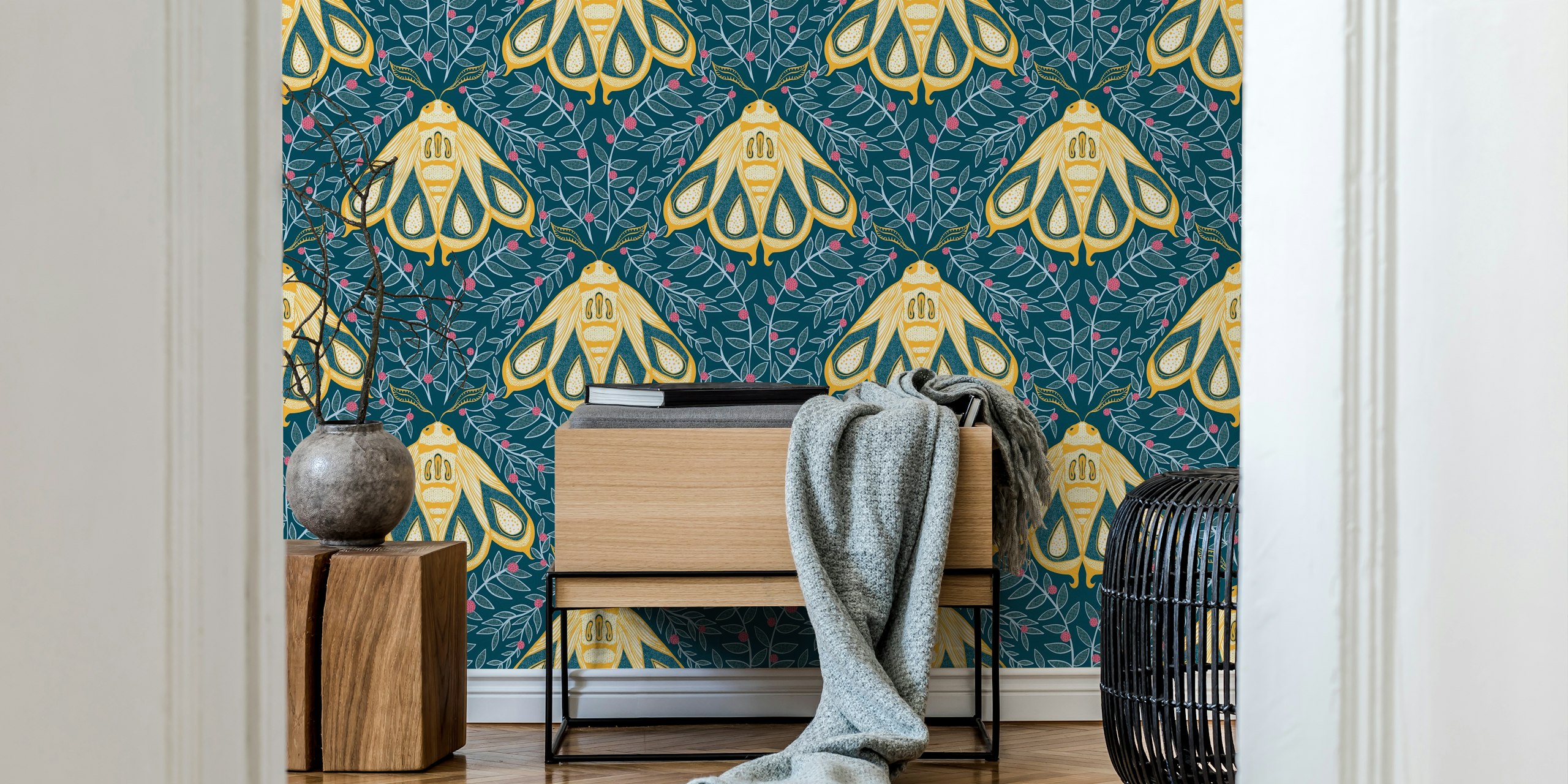 Golden moths wallpaper design in a room