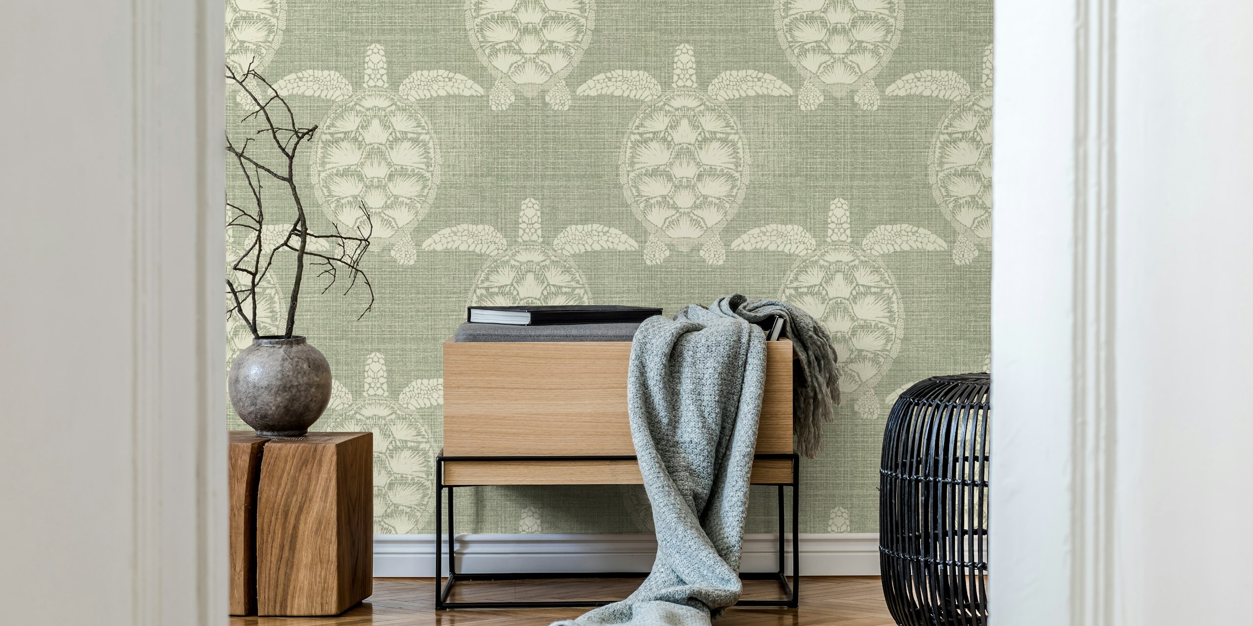 Sea turtle design in soft green tones on light background wallpaper