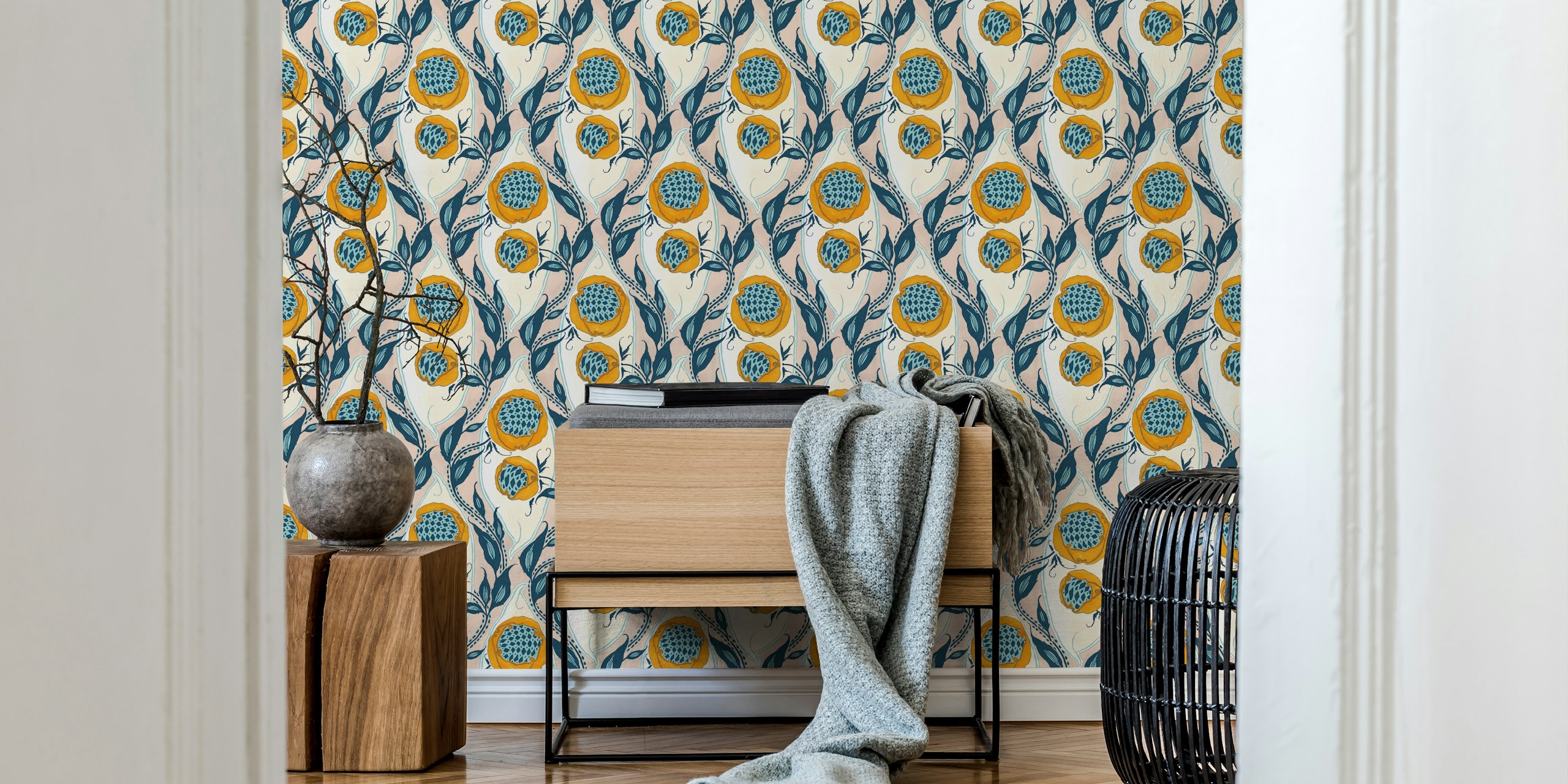 Papel de parede Samarkande em teal e mostarda