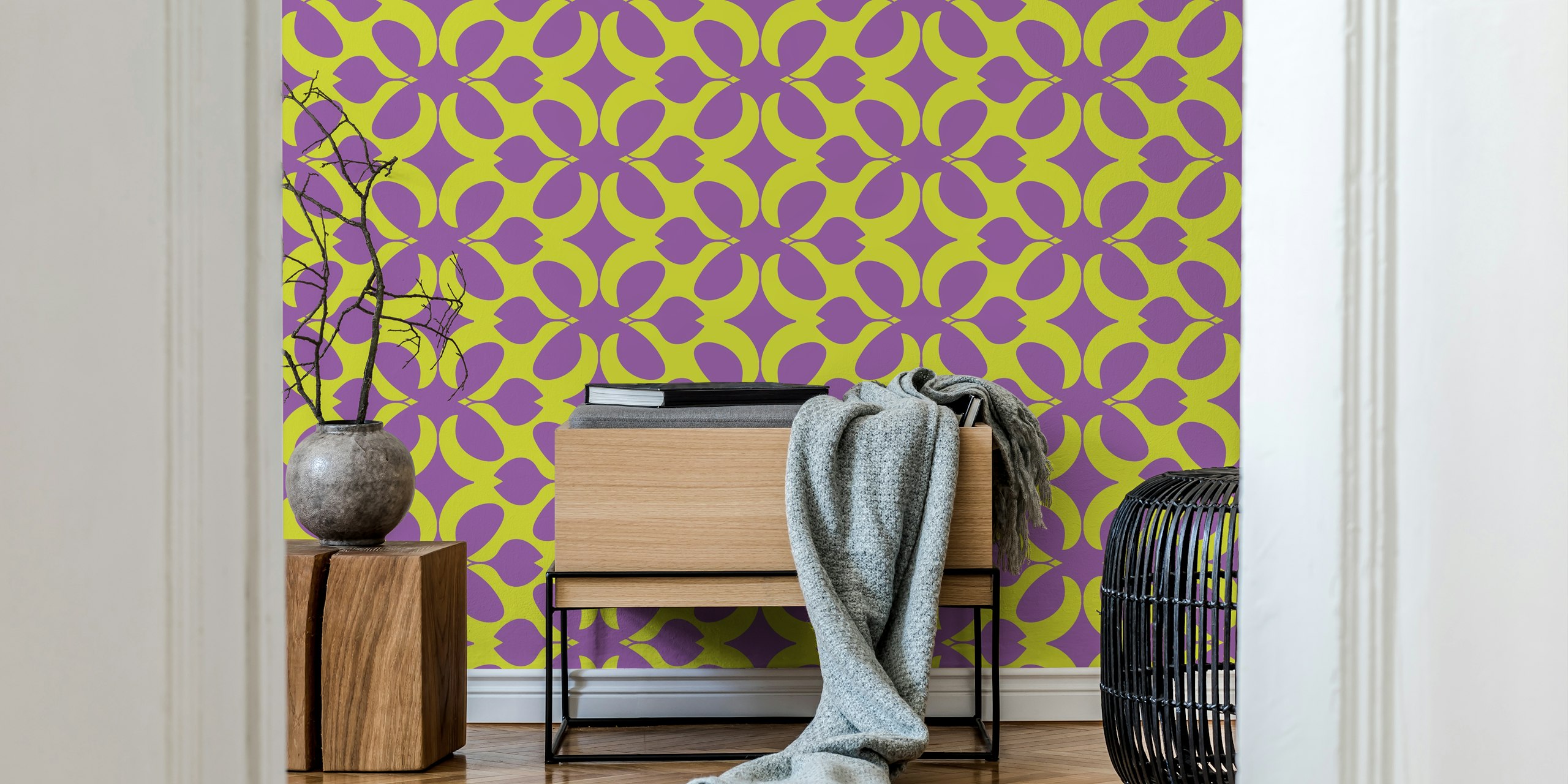 Yellow floral shapes on purple background wallpaper