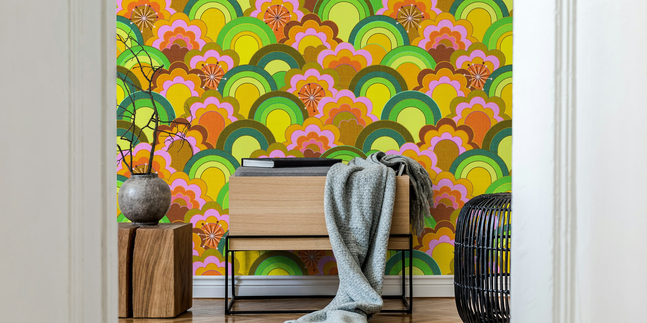 Colorful 70s-inspired rainbow flowers wall mural with a textured appearance