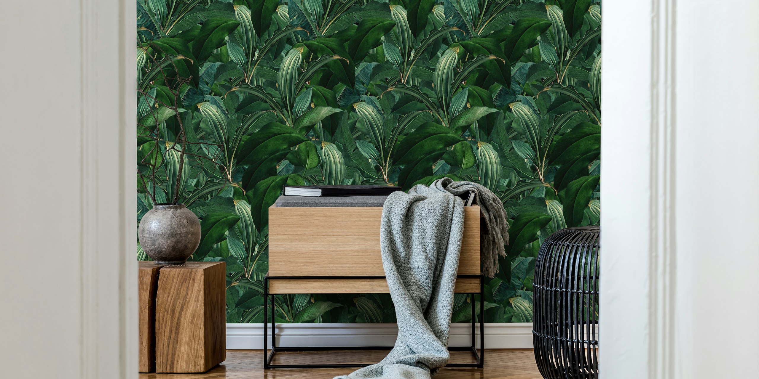 Palm leaves jungle wallpaper in a room