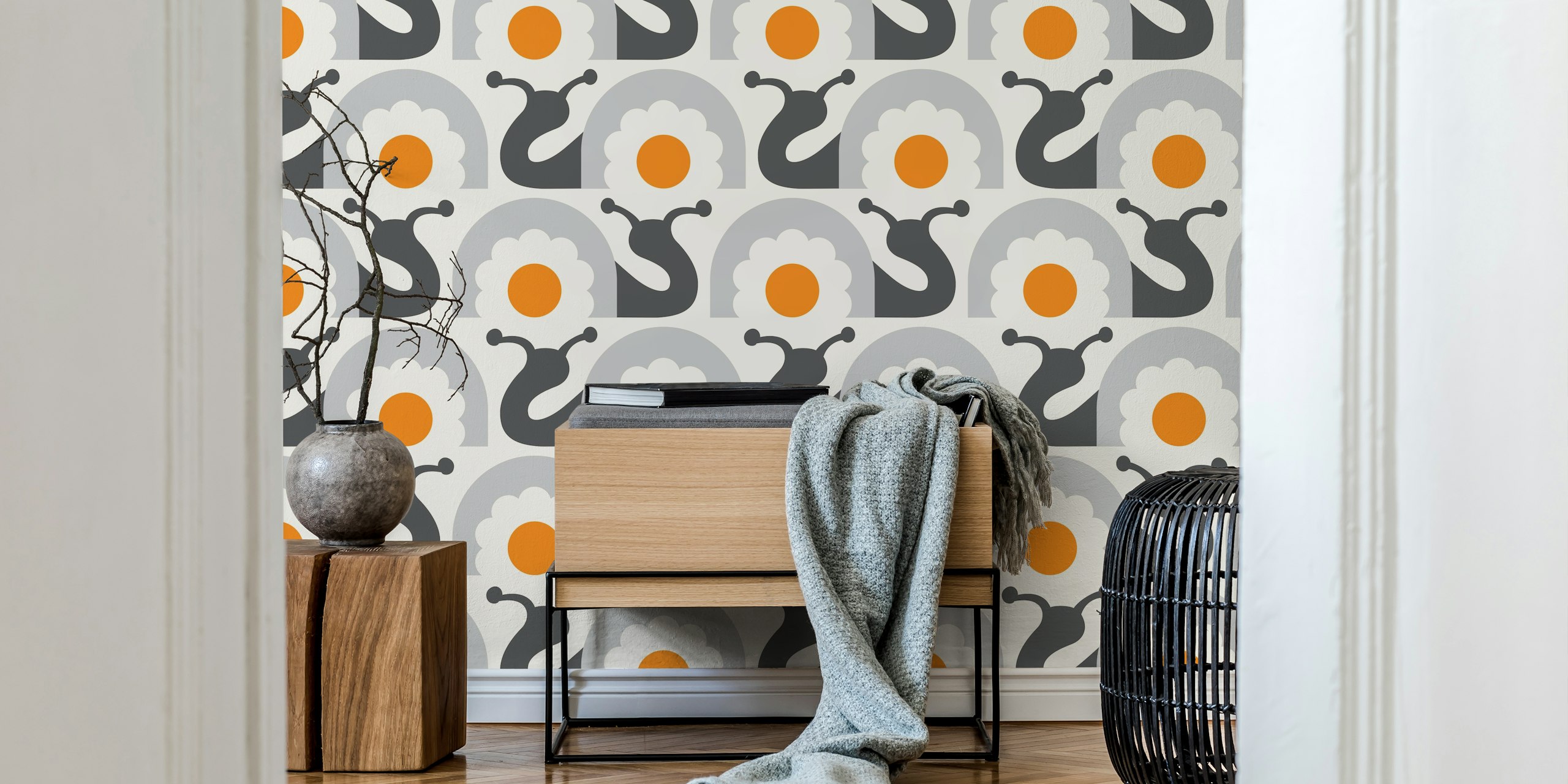 Retro snails with flowers tapetdesign