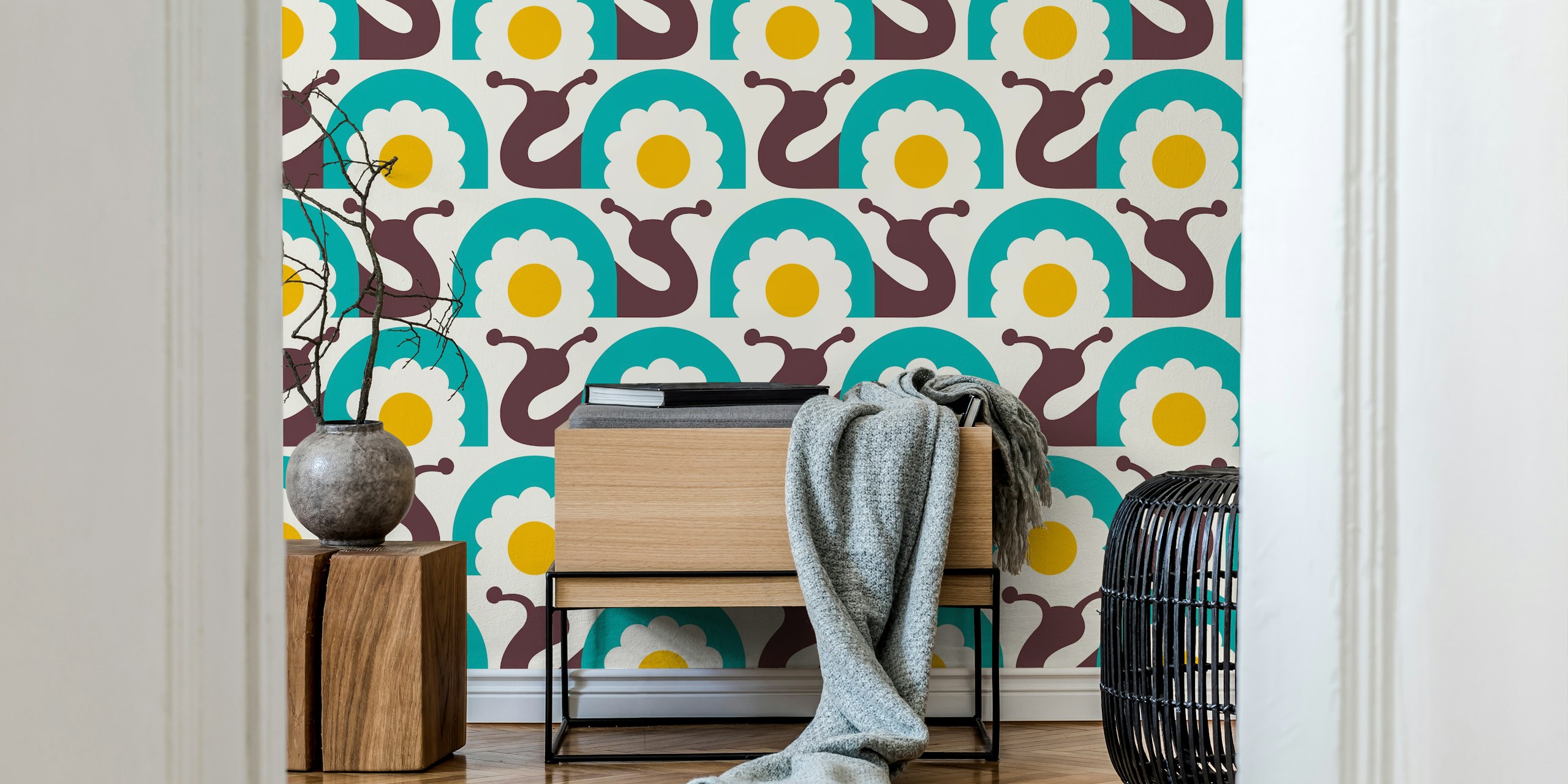 Retro snails and flowers wall mural in turquoise and yellow