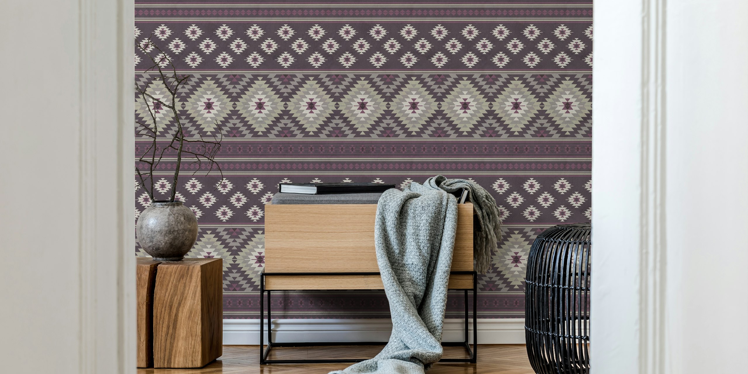 Kilim stripes in plum beige wallpaper in a room