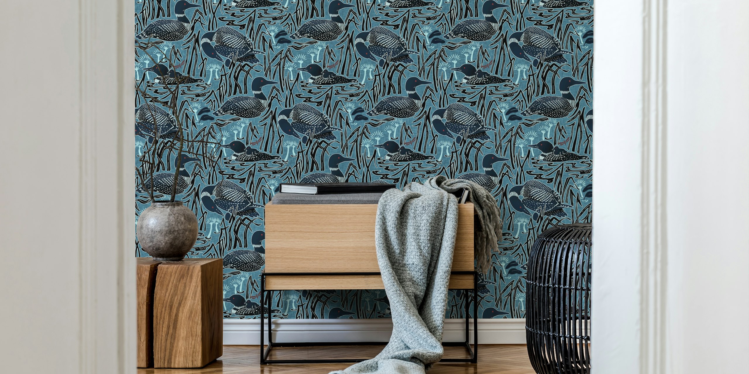 Blue loon wallpaper with lake, reeds, and water lilies