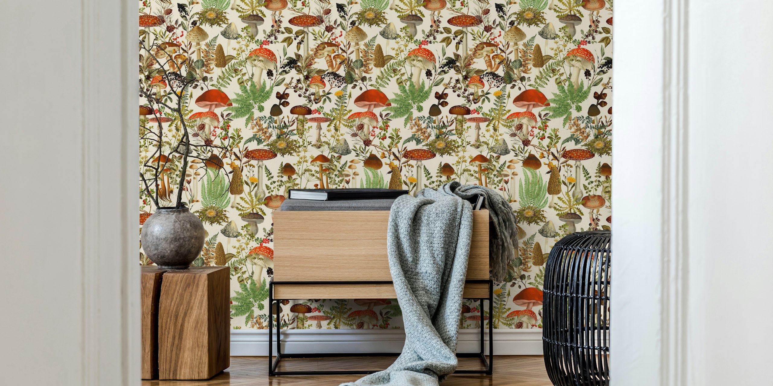 Papel de parede Vintage Mysterious Mushroom Forest exposto em um quarto