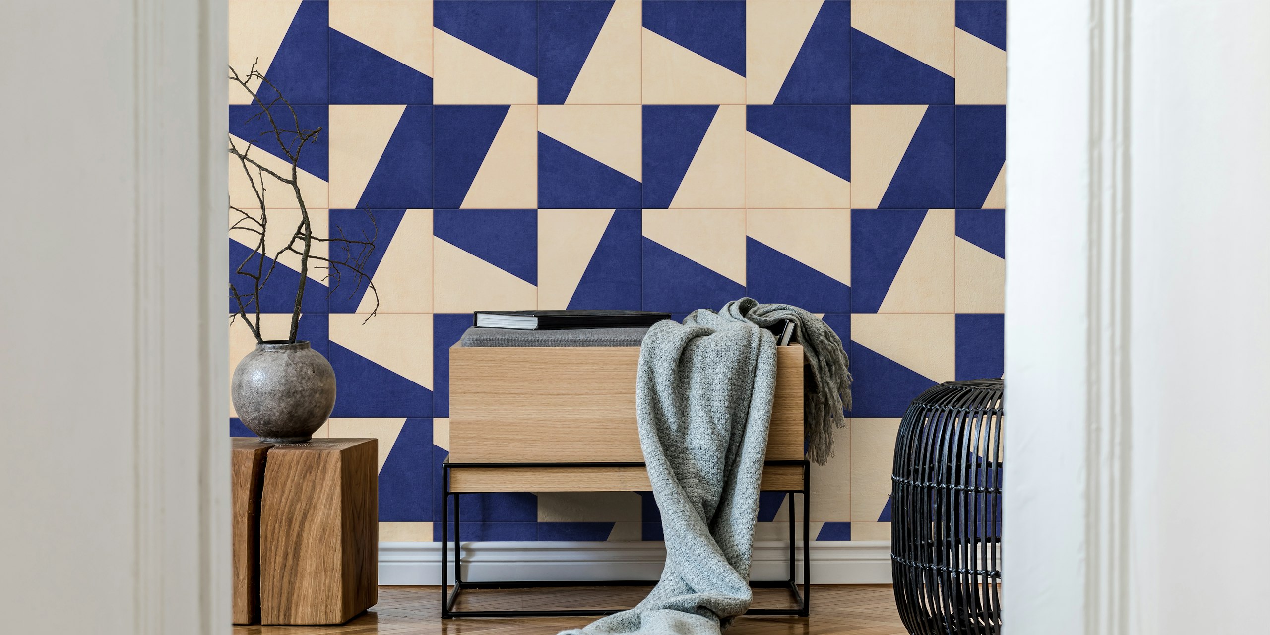 Geometric navy and peach pattern wallpaper design