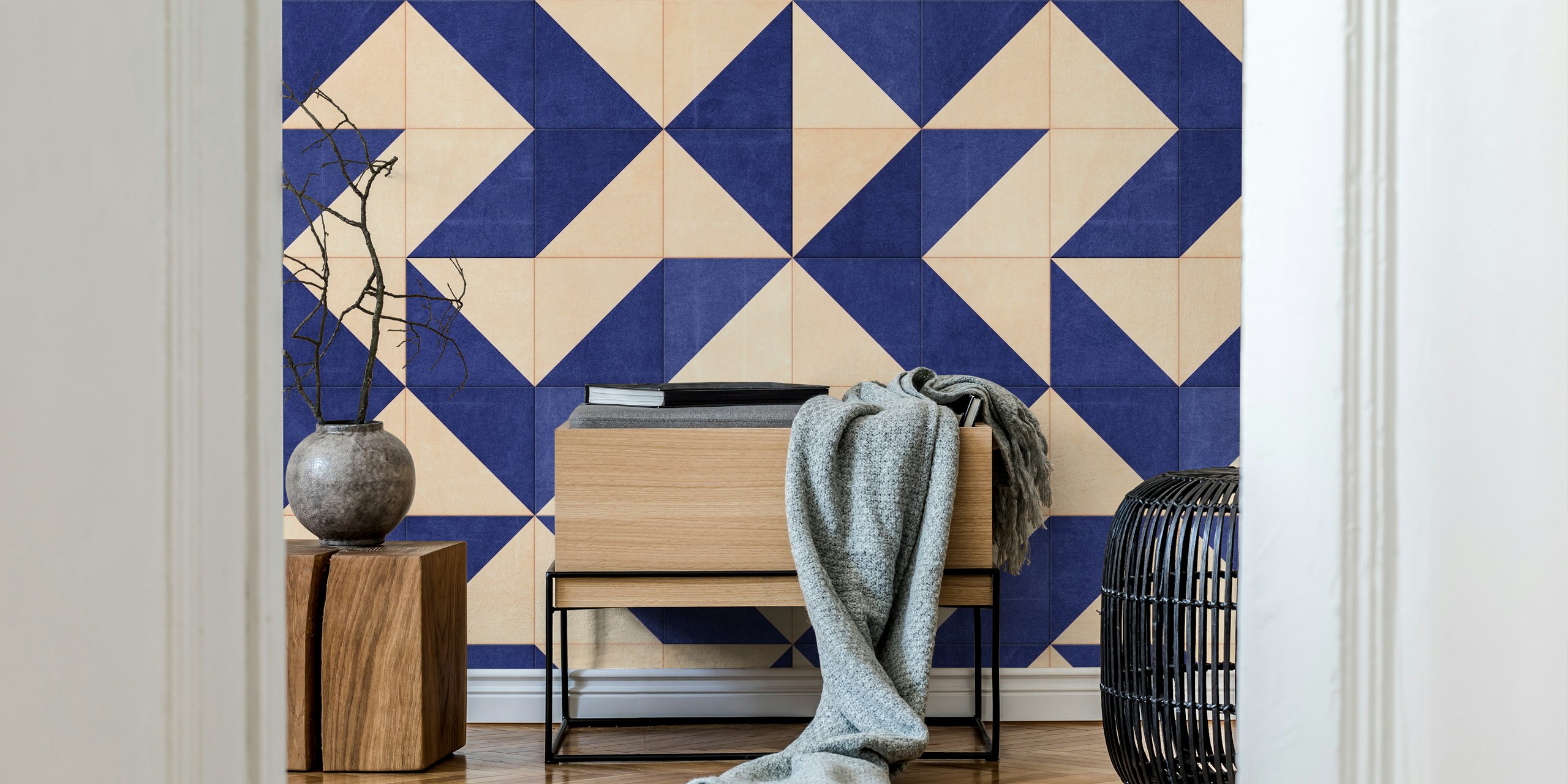 Tiles 007 A - Veggdekor Med Geometrisk Mønster I Blå Og Beige Nyanser