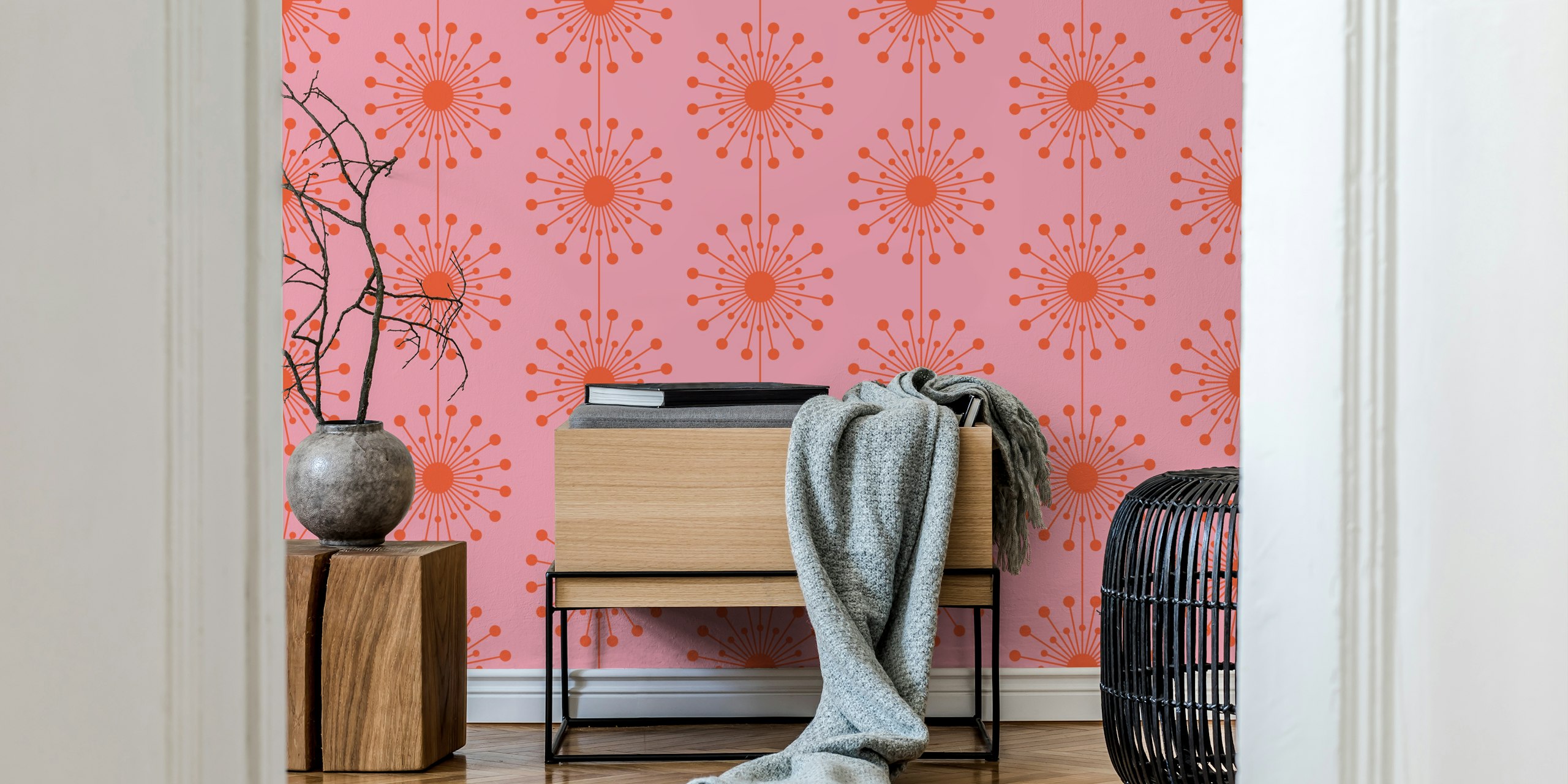 Midcentury modern floral pattern in pink and orange wallpaper
