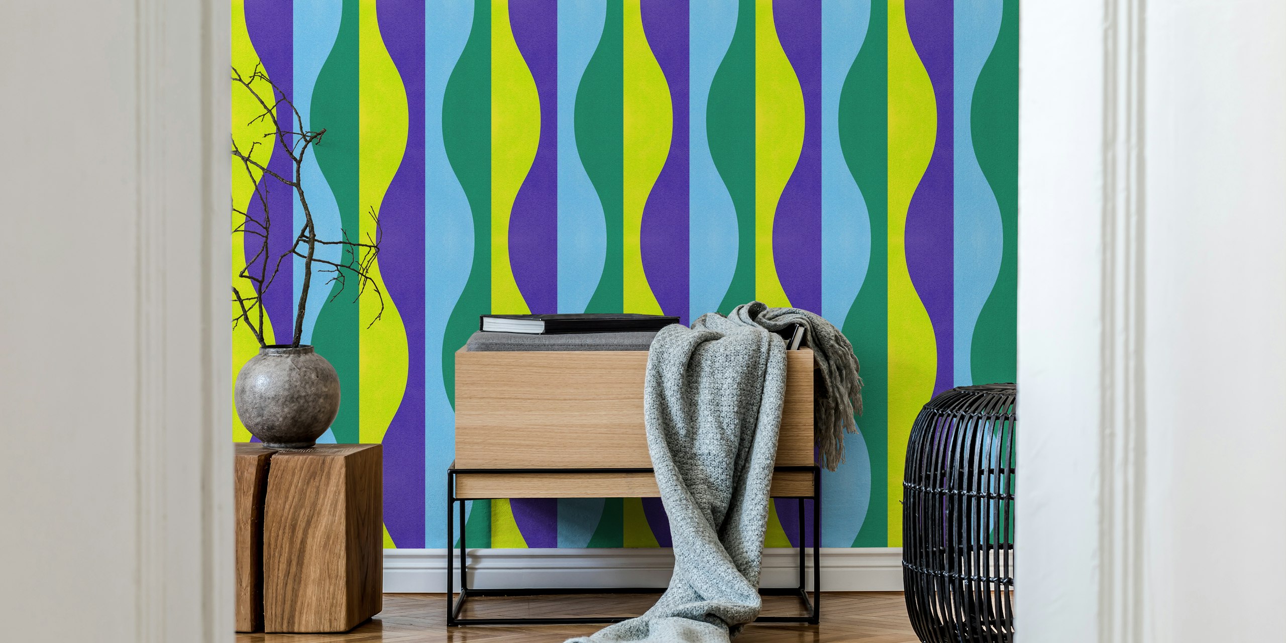 Bold Retro Geometric Moroccan Abstract Wall Mural in Blue Yellow Green