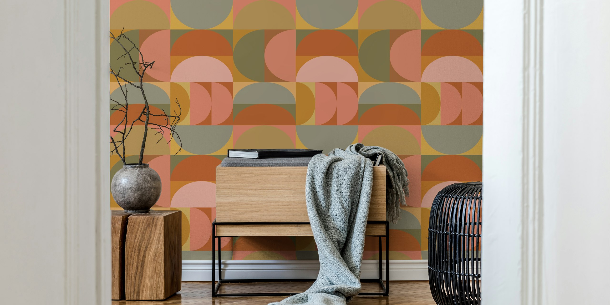 Geometric patterns in earthy terracotta and ochre wallpaper