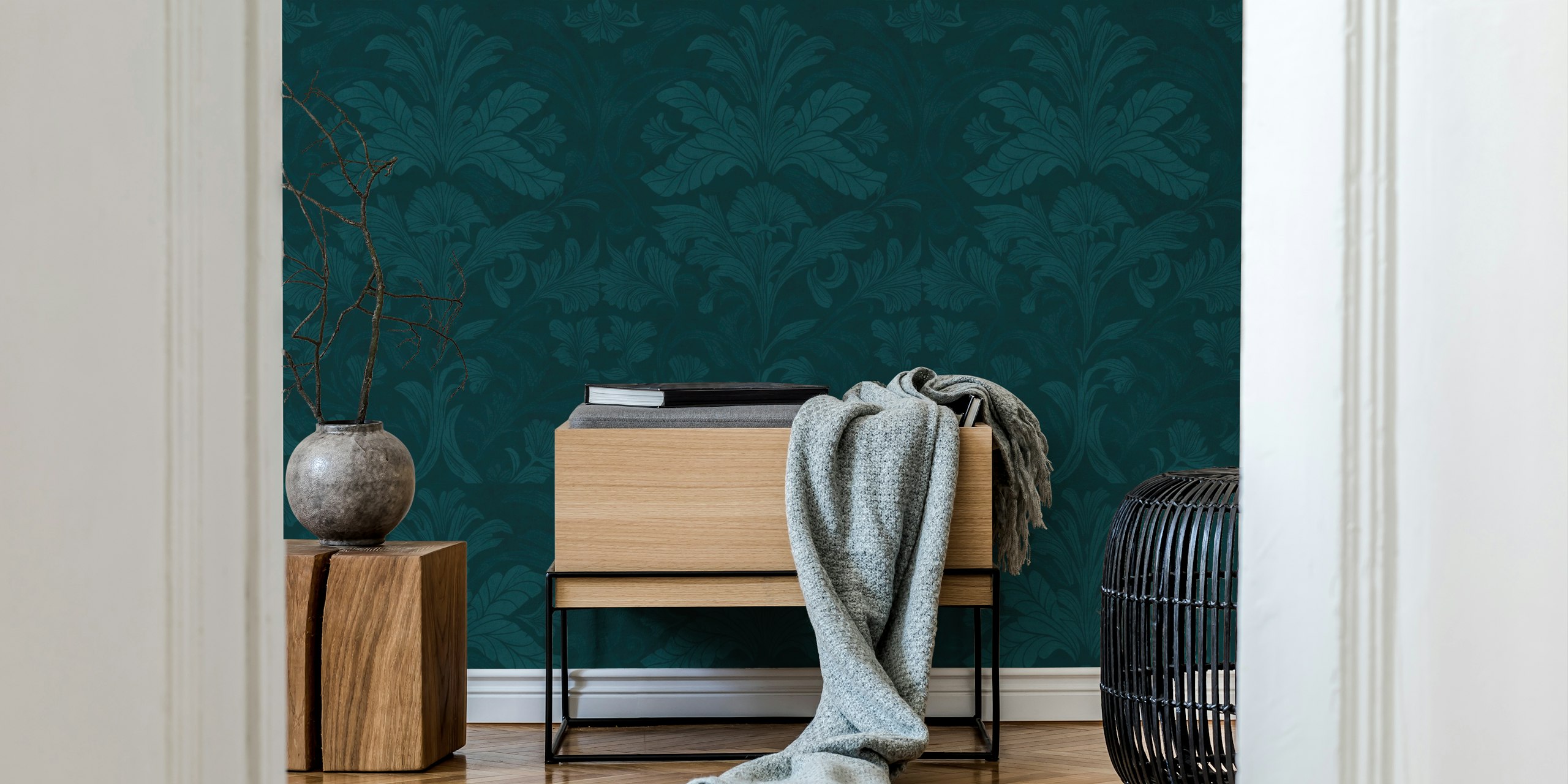 Mural de parede com padrão de damasco estilo William Morris em verde-esmeralda