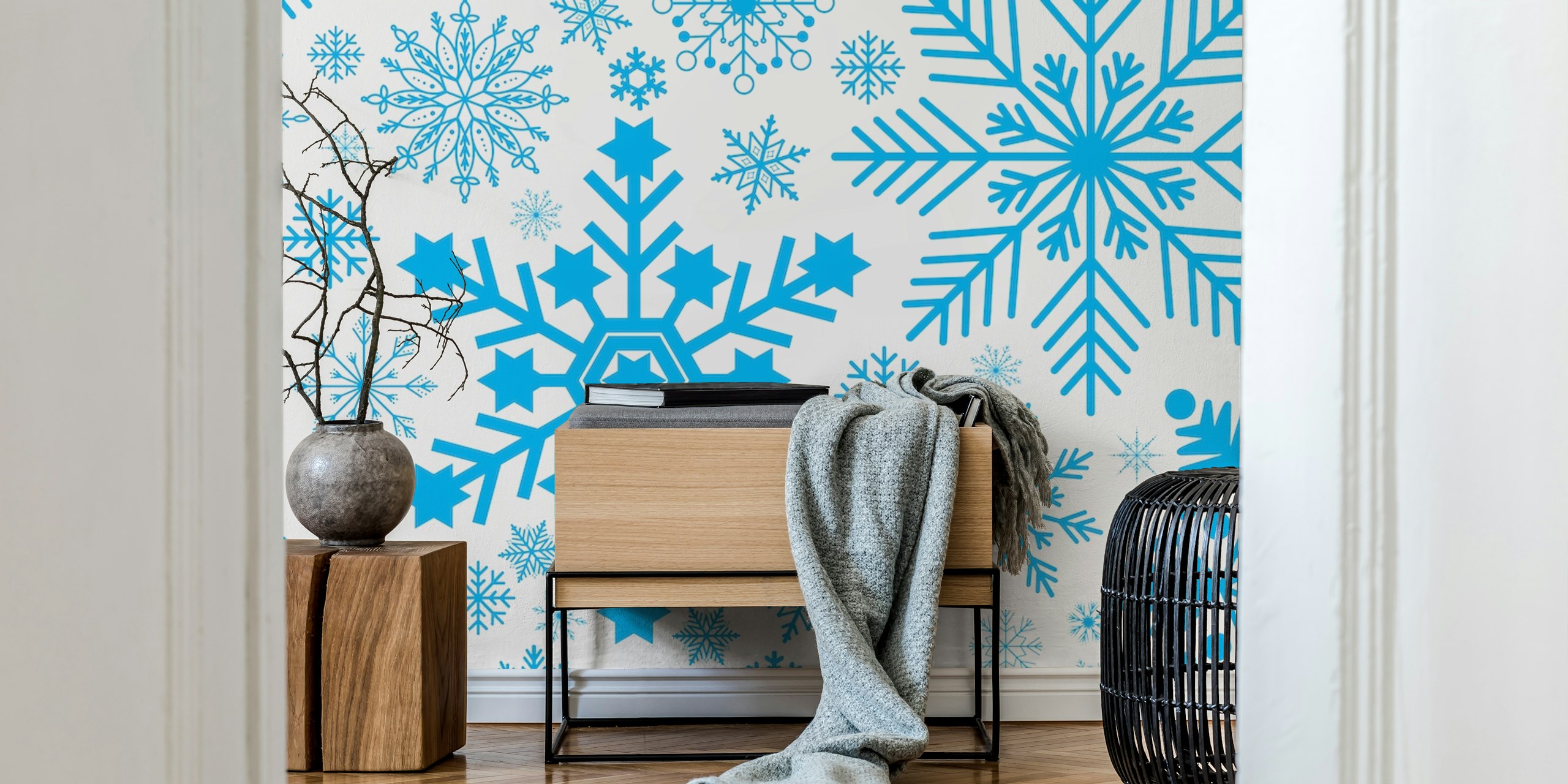 Blue snowflakes on a white background wallpaper