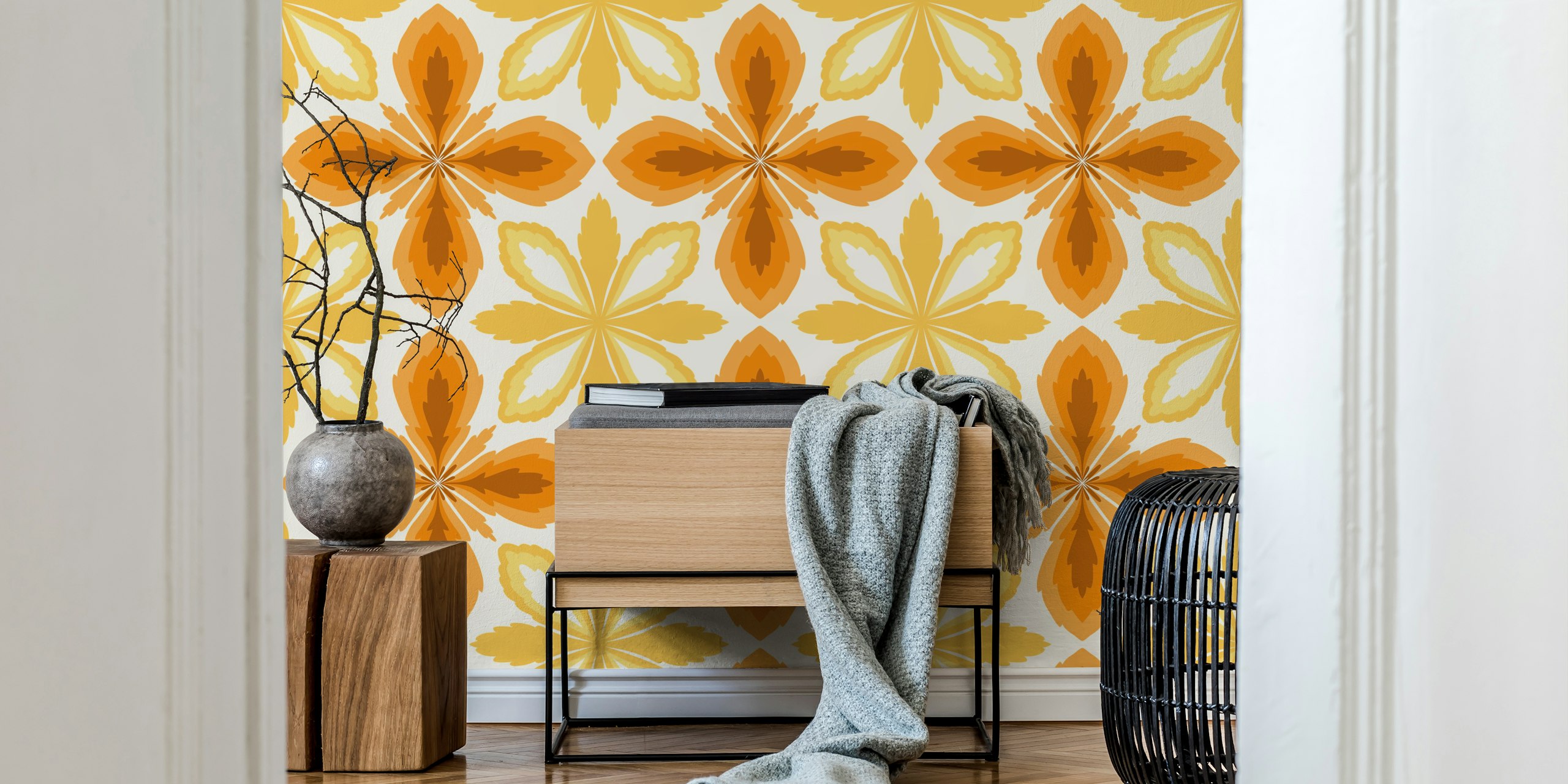 Ornate yellow and orange tile wallpaper in a room