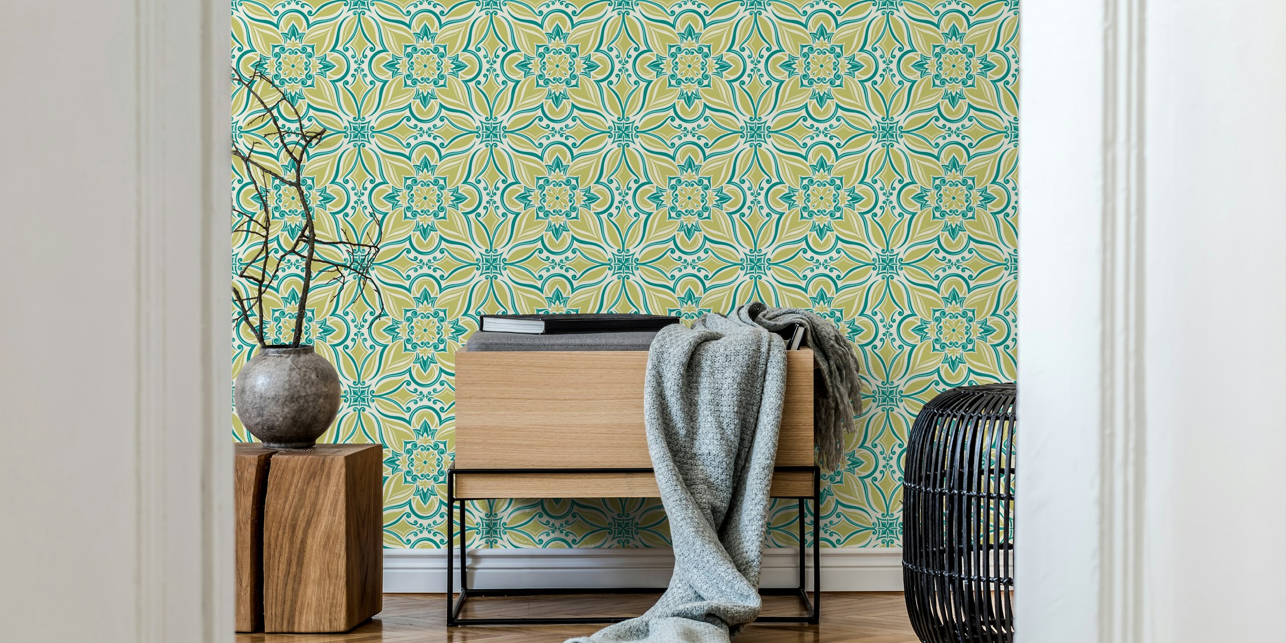 Coastal Mediterranean Tilework wallpaper in a room