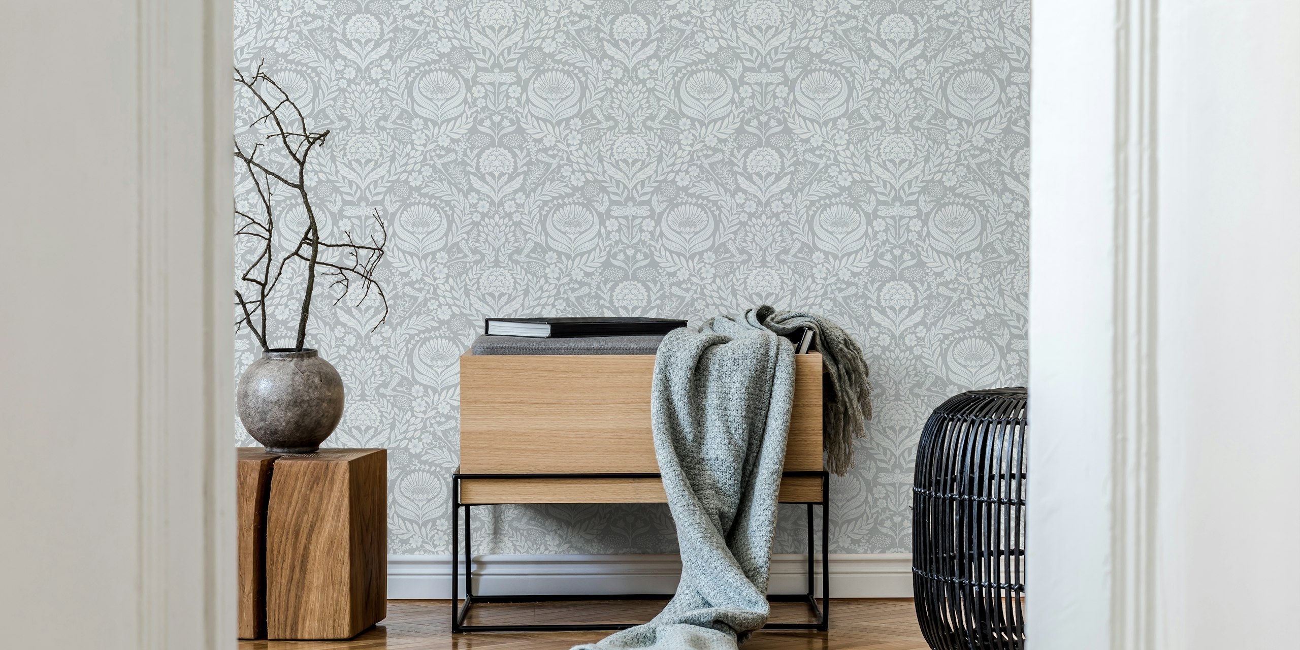 Victorian dragonflies damask wallpaper in room