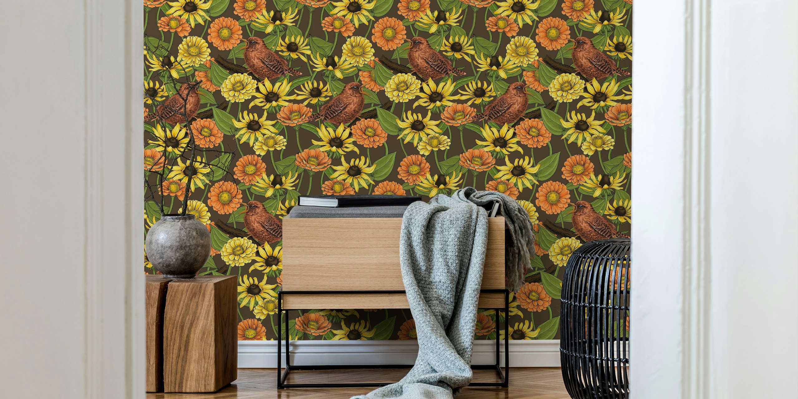 Wrens and flowers wallpaper decor