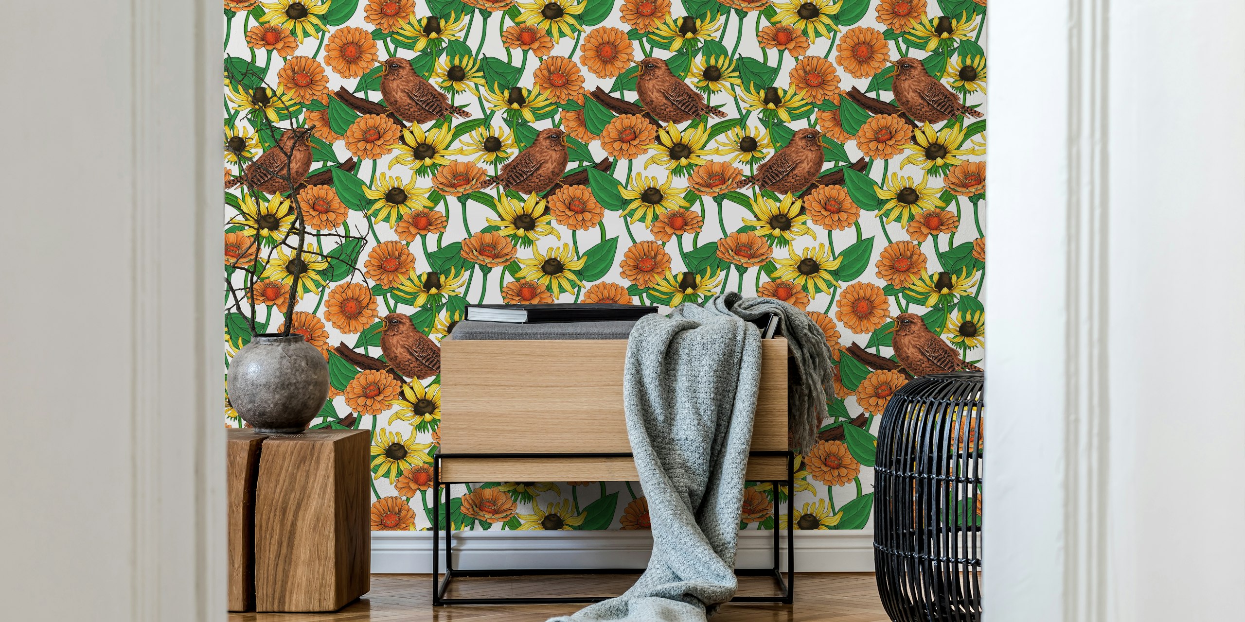 Brown wrens and vibrant orange and yellow flowers wallpaper