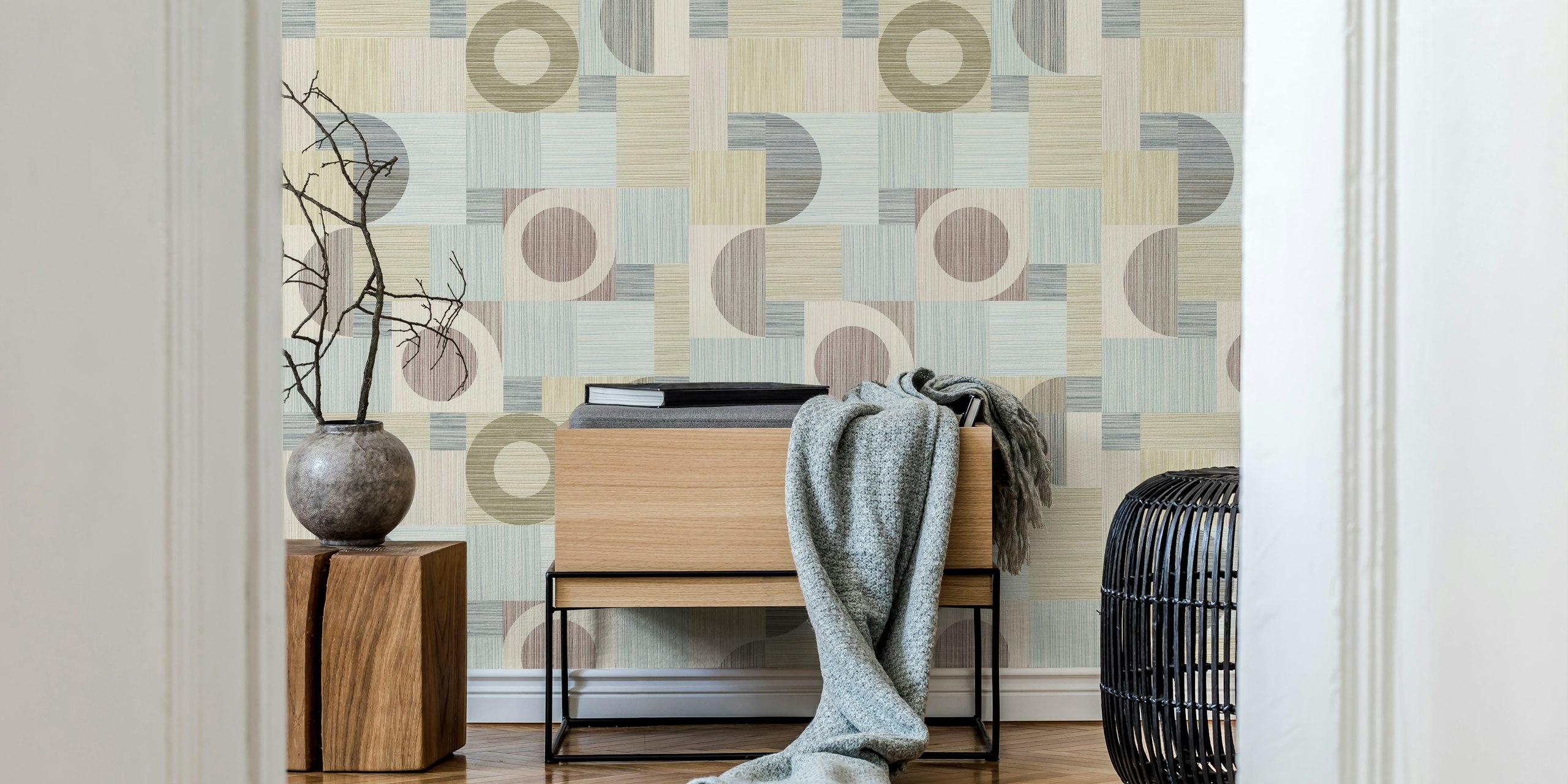 Fototapeta Geo-Stripes s béžovými a šedými geometrickými pruhy a kruhy