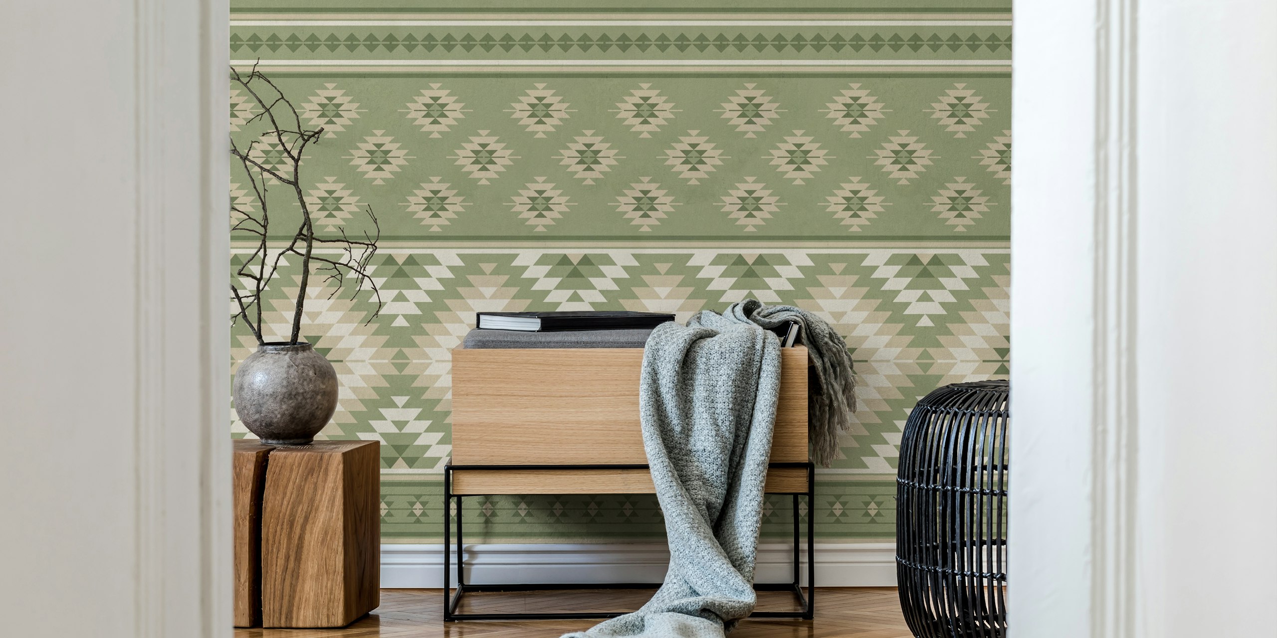 Olive sage green and beige Kilim striped wallpaper with geometric patterns