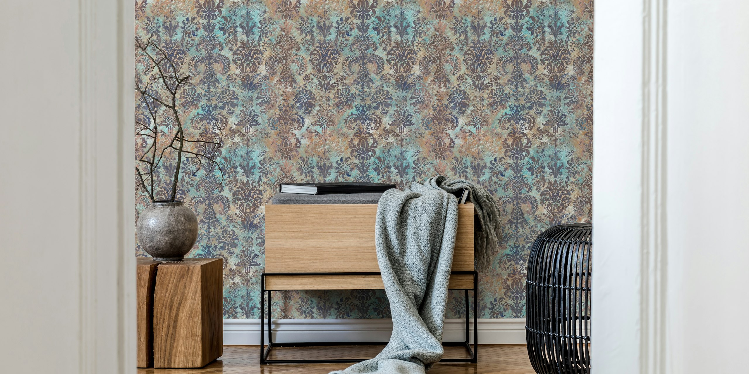 Intricate grunge damask pattern in mauve and blue wallpaper