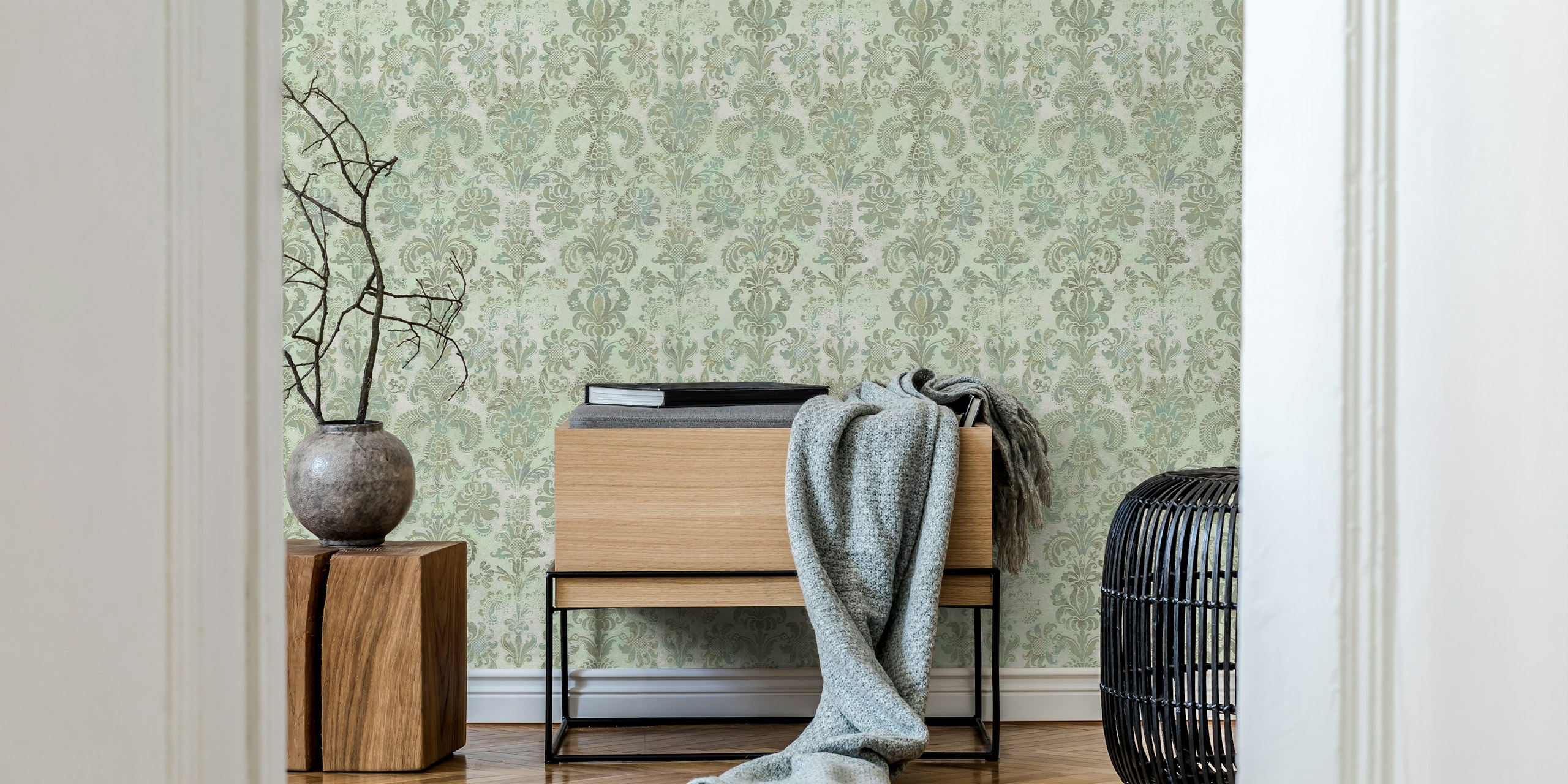 Grunge damask pattern σε ταπετσαρία φασκομηλιά μέντα