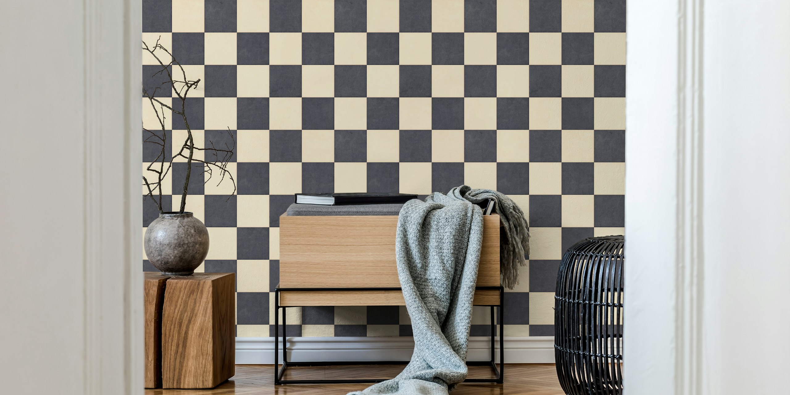 Checkerboard pattern in black and beige wallpaper